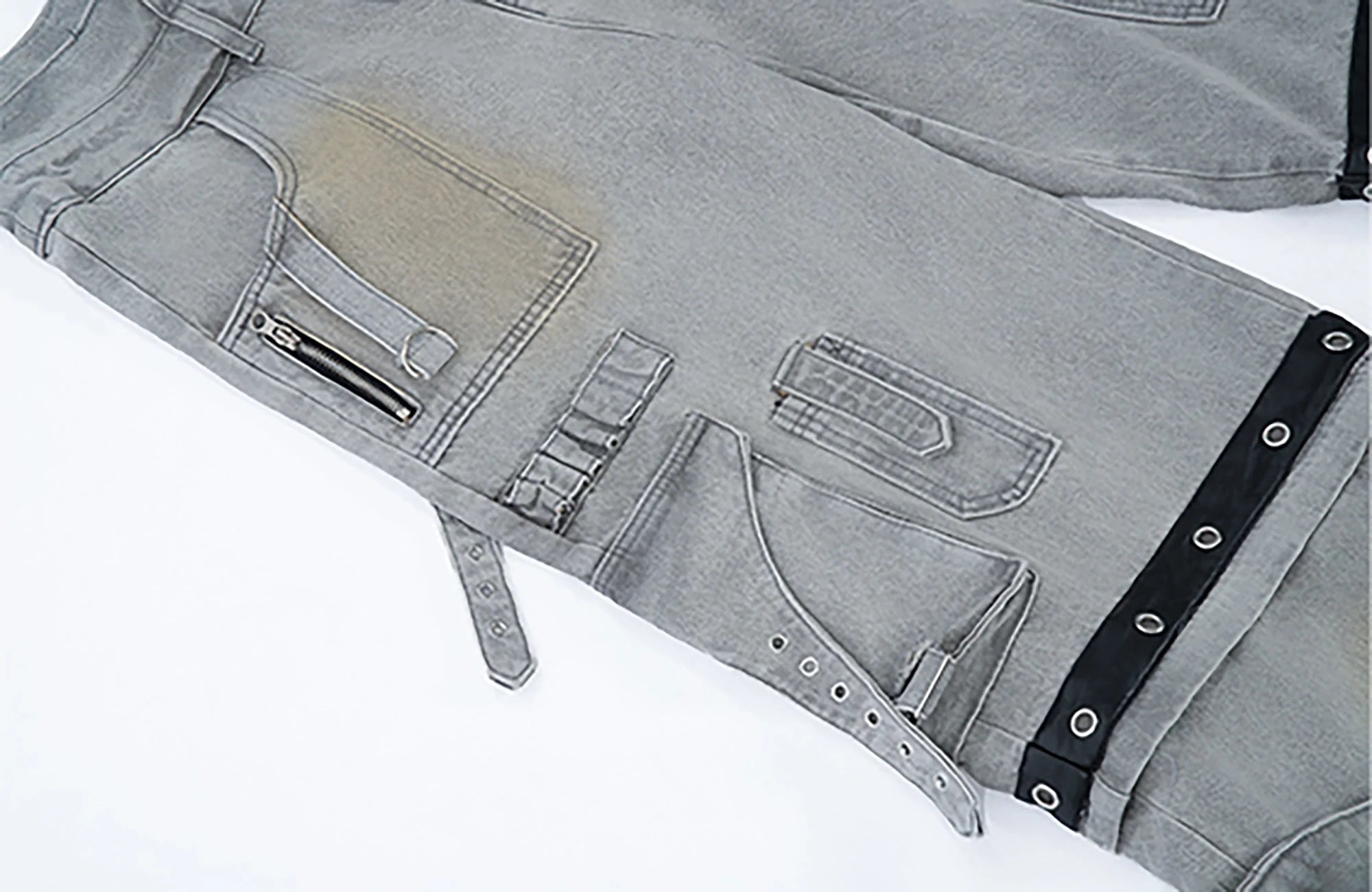 MOGONGSHE Detachable Bleach Washed Utility Cargo Jeans