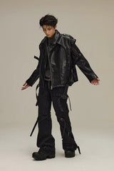 FLYERRER Spliced Faux-Layered Strap Zipper Pants