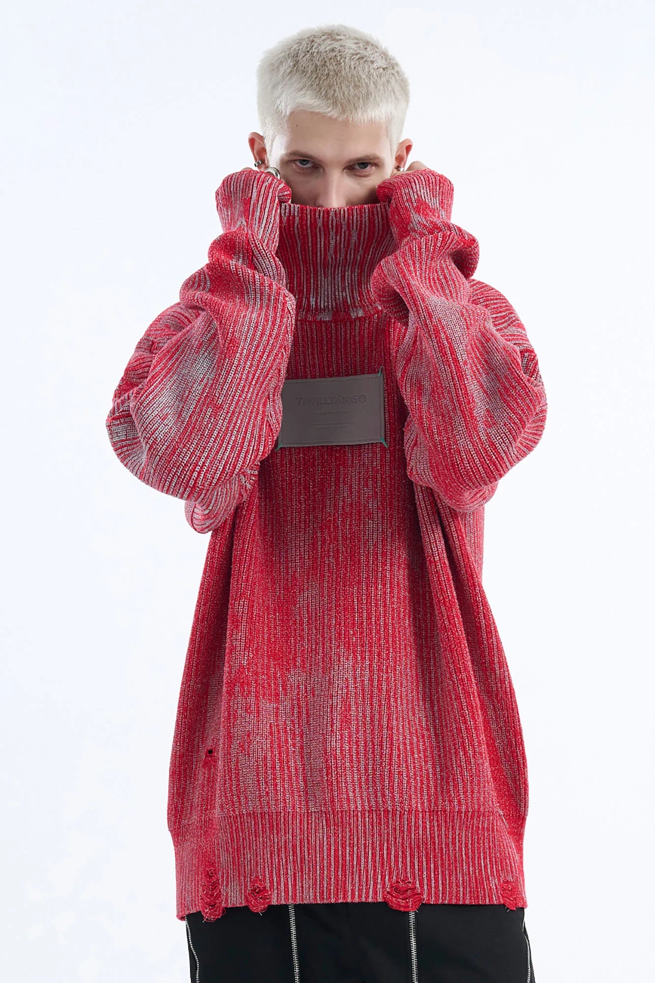 TIWILLTANG Distressed Foil High-Neck Sweater