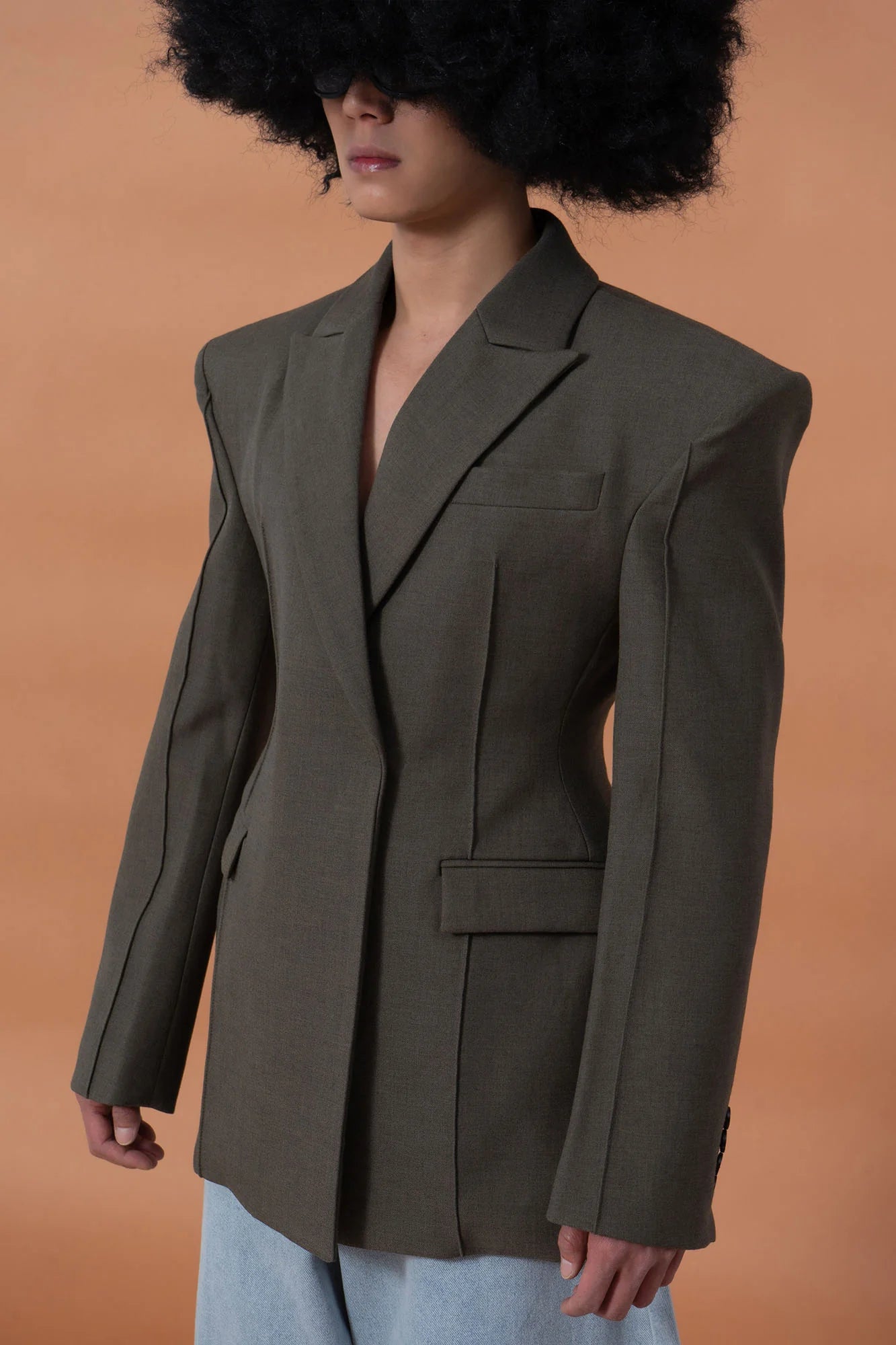 CLP Cinched-Waist Padded Shoulder Blazer Brown