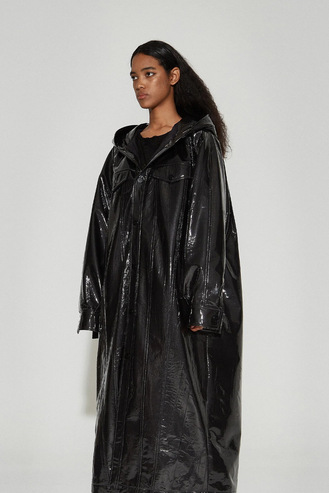 VANN VALRENCE Glossy Belted Hooded Padded Long Coat