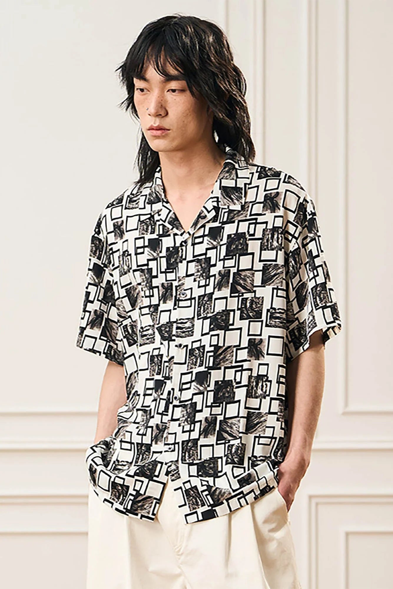 EPIC POETRY Monochrome Collage Grid Cuban Half Shirt