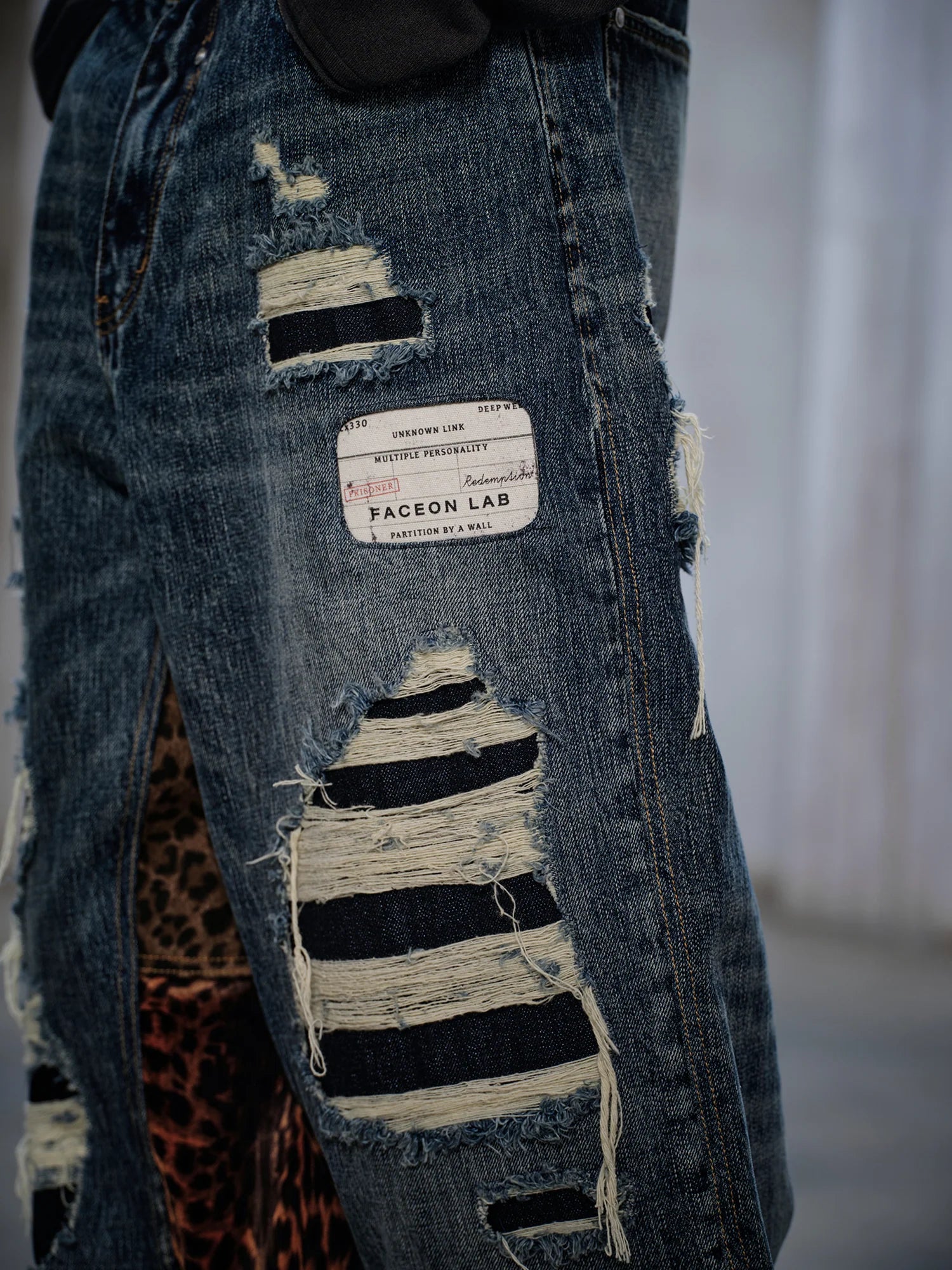 FACEONLAB Distressed Patch Leopard Paneled Jeans