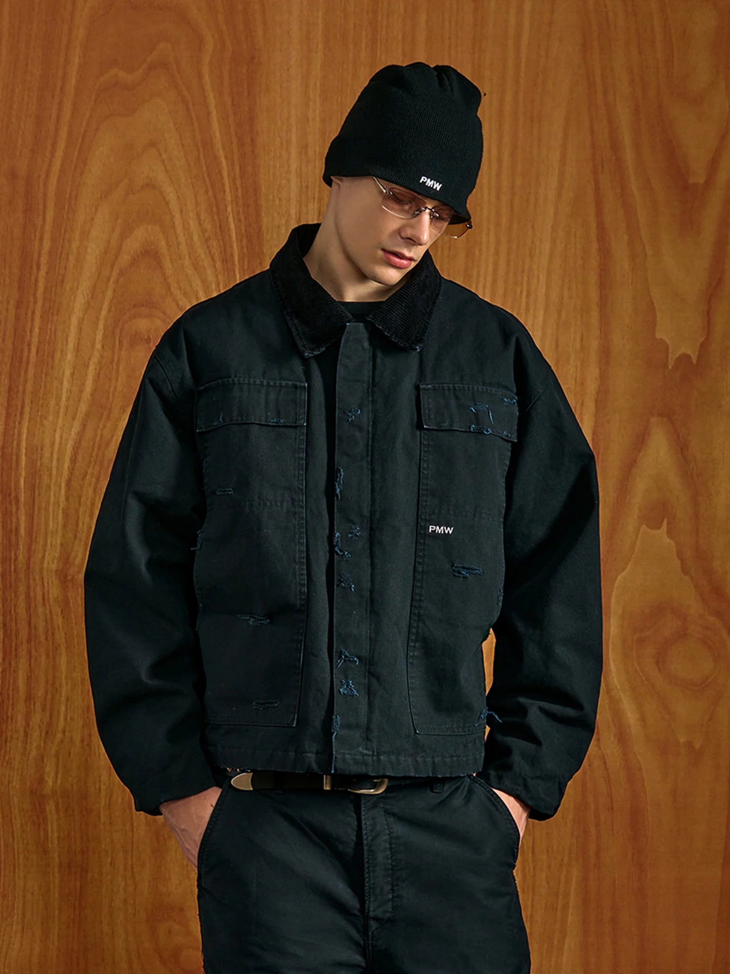 PMW Washed Distressed Corduroy-Collar Jacket