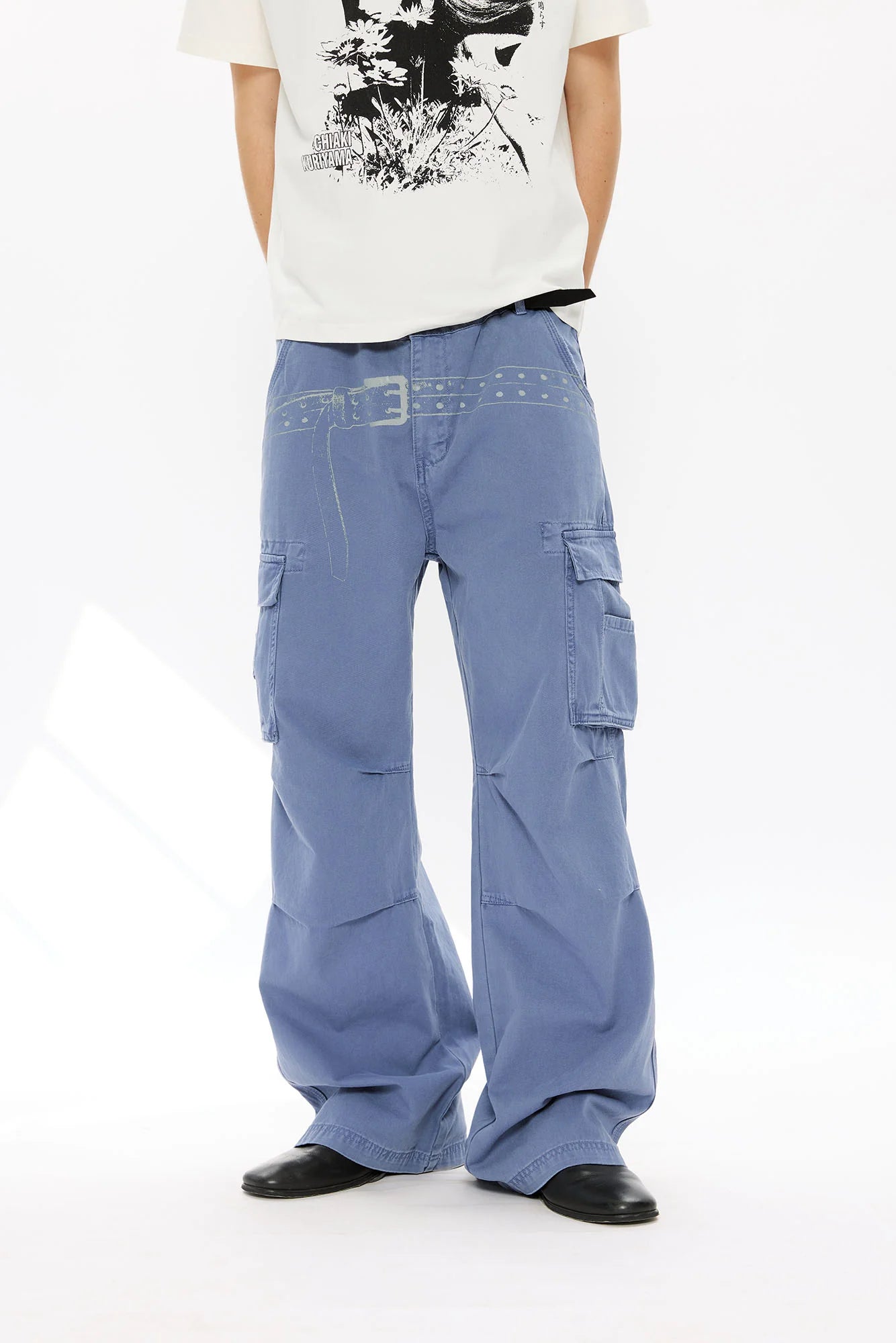 KREATE Washed Belt Graphic Crinkled Cargo Pants