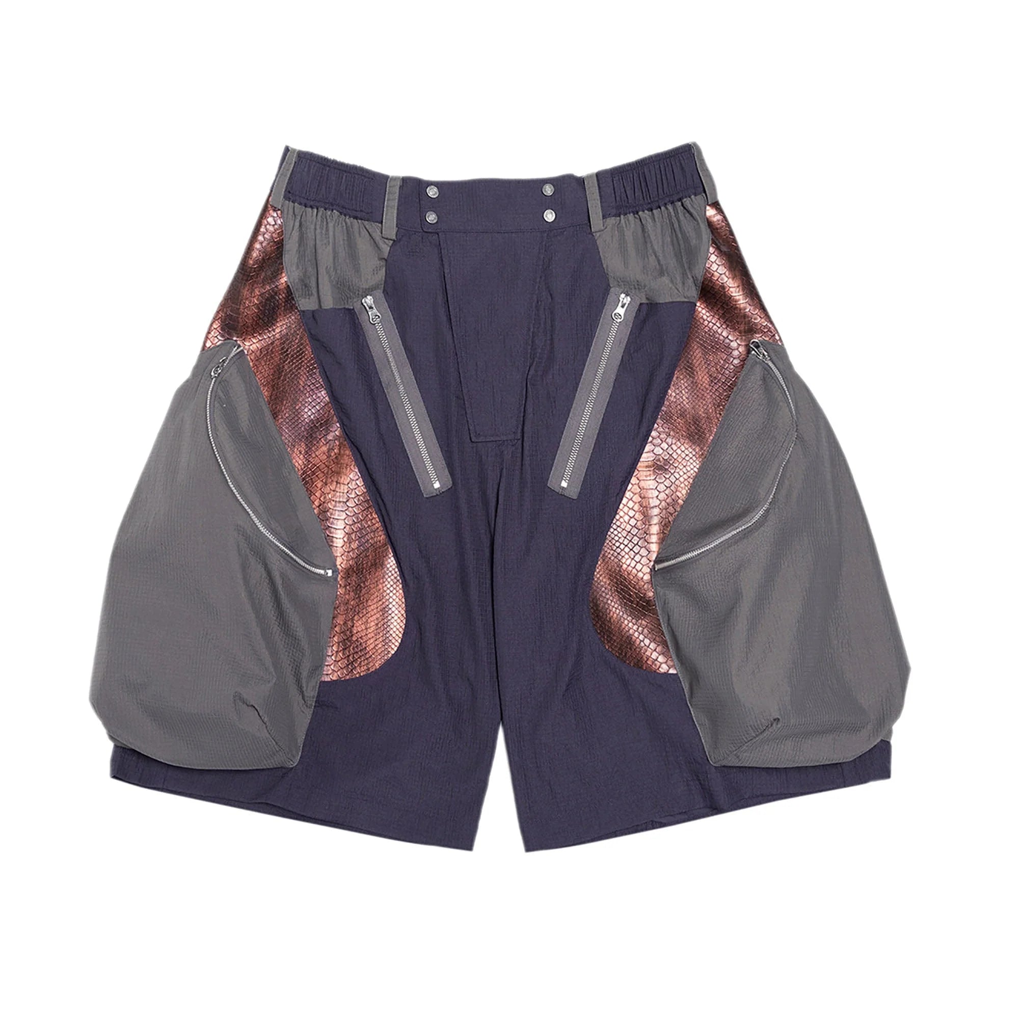 XIPHEVIL Snake Skin Contrast Panel Multi-Pocket Shorts