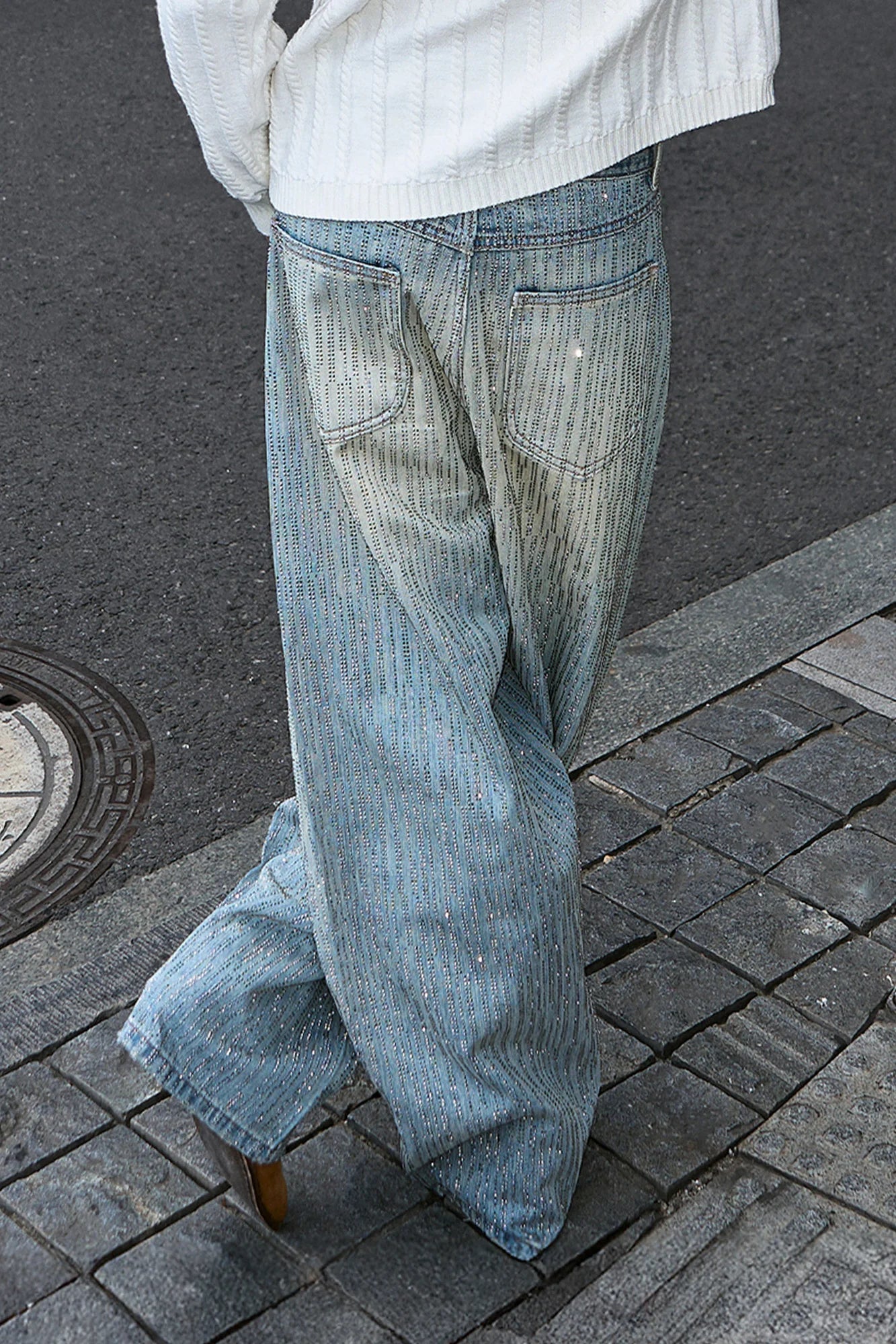 STEEPC Washed Rhinestone Embellished Baggy Jeans