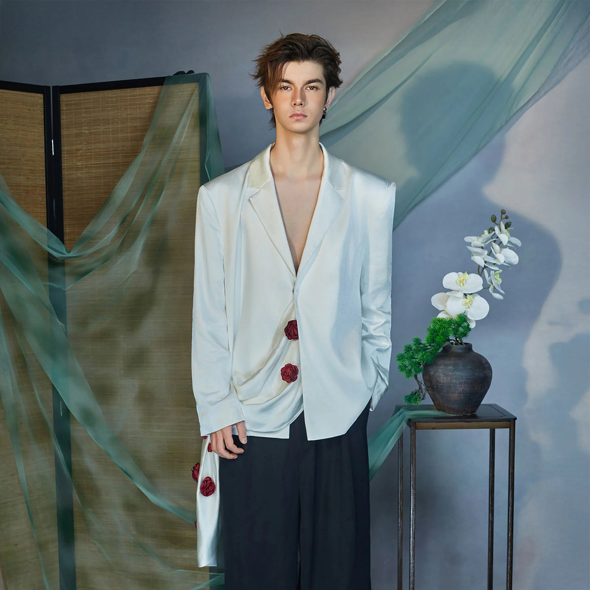 JIECHI Rose Embellished Draped Satin Blazer