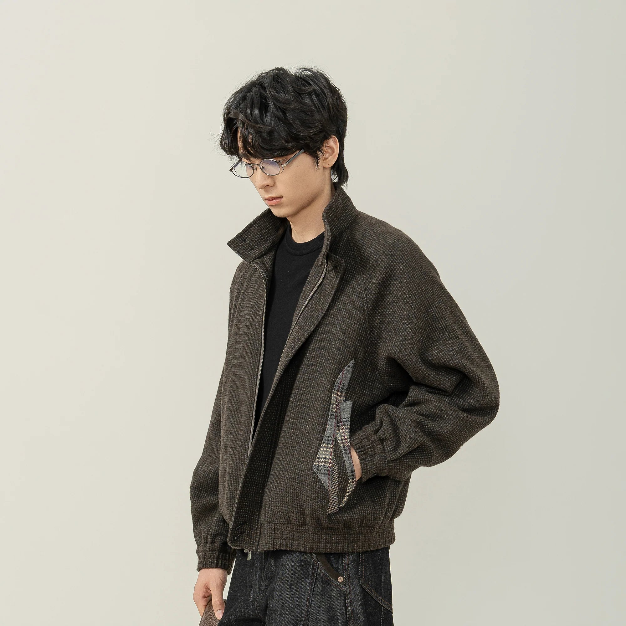 MOITIEDEPETALE Plaid Panels Wool-Blend Jacket