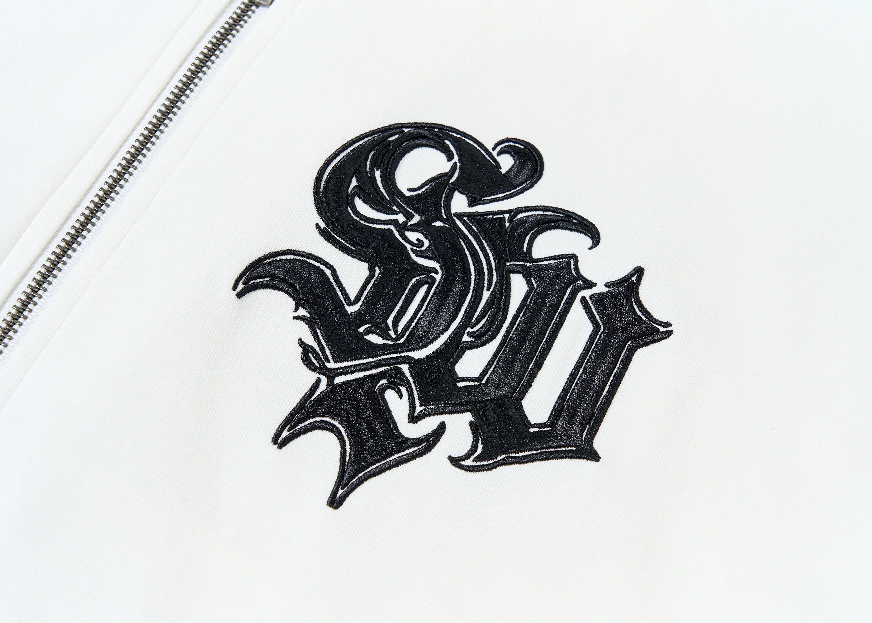 SAVAGEGROWTHWORLD Gothic Lettering Embroidered Zip-Up Hoodie