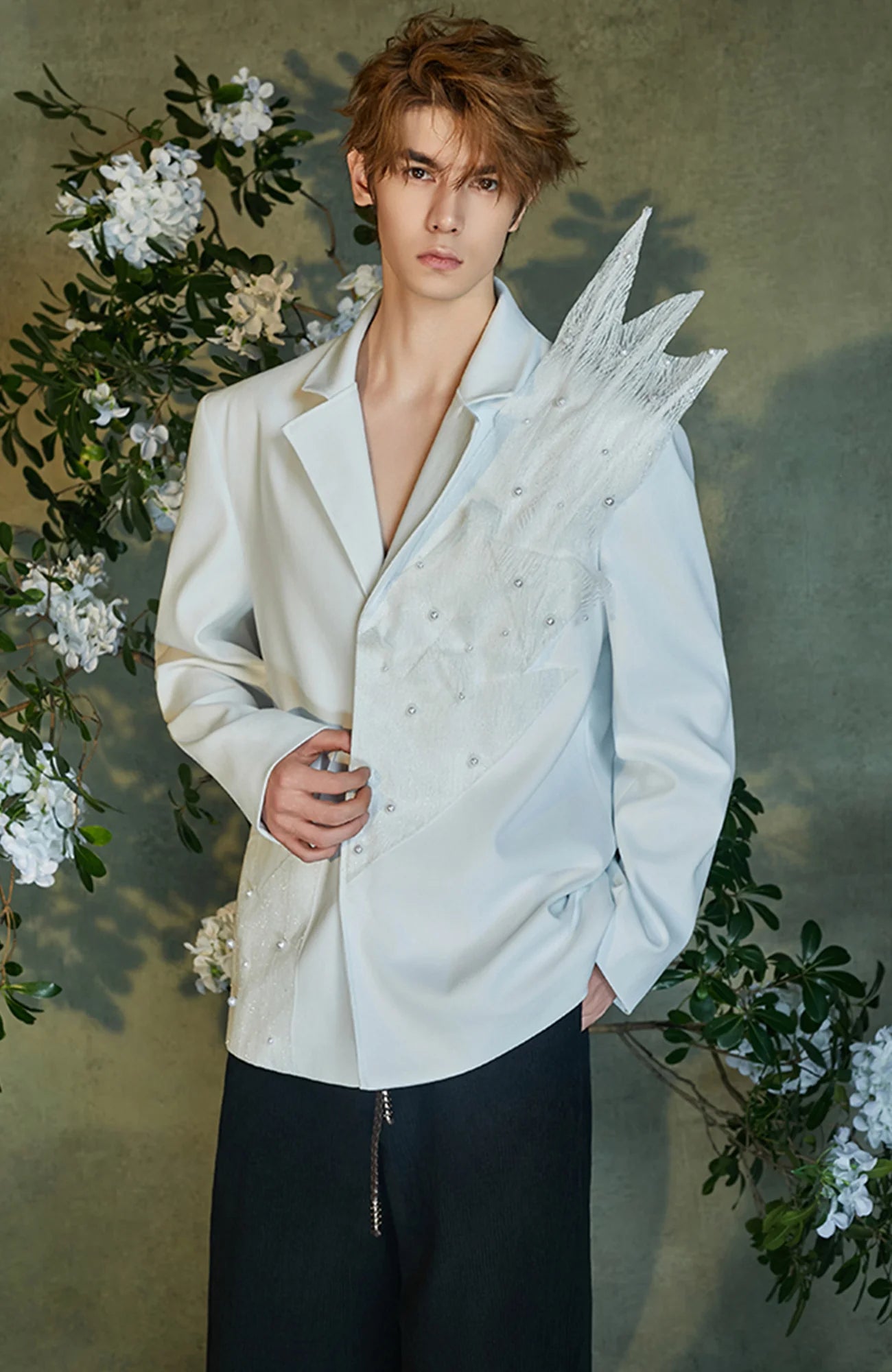 JIECHI Pearl-Embellished Sheer Feather Blazer