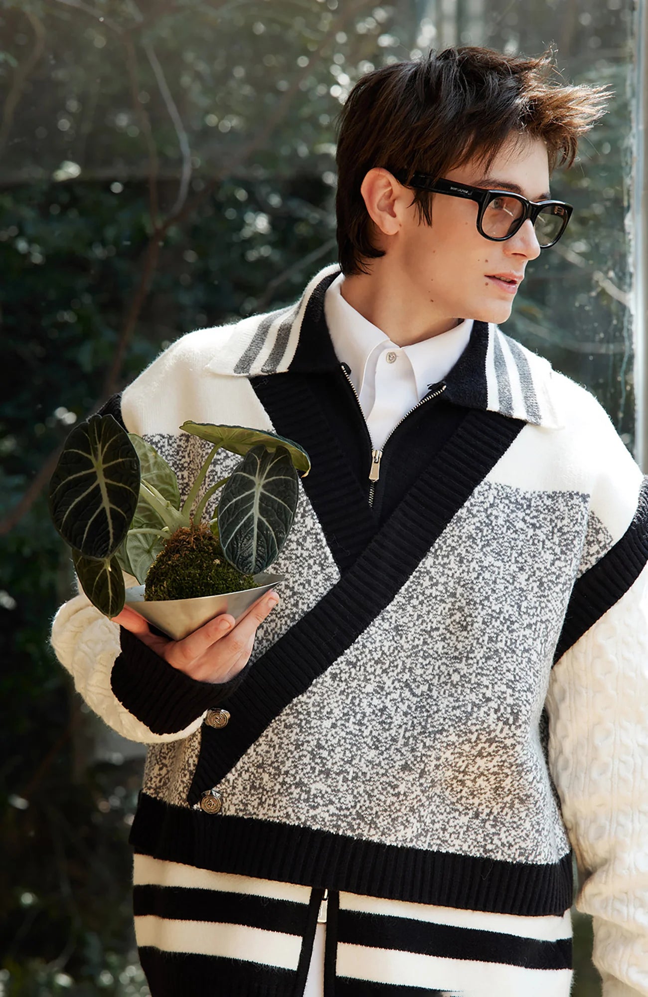 TIWILLTANG Asym Wrap Stripe-Collar Pullover