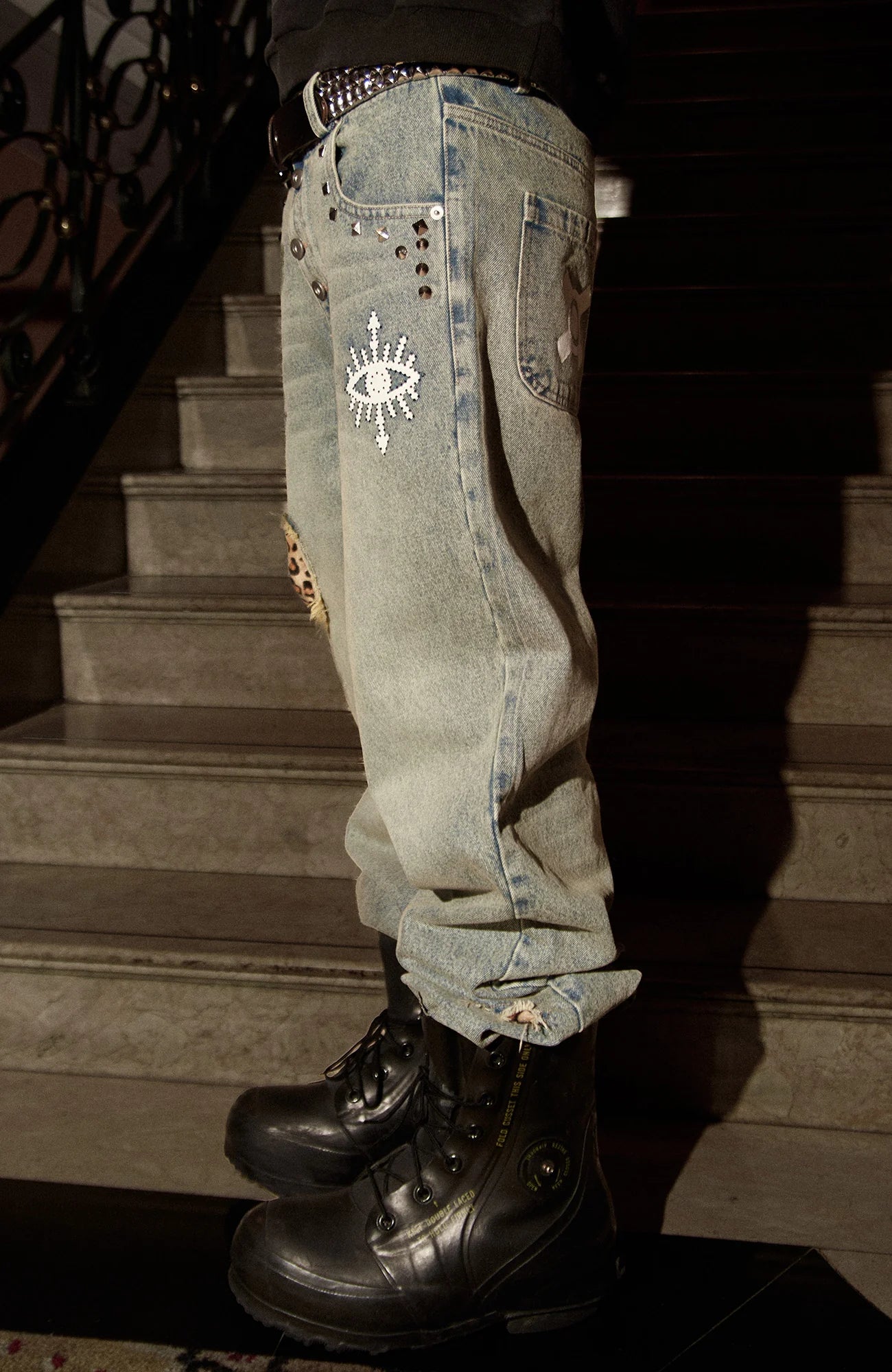 PHANTOMHUNTER Washed Leopard Patch Baggy Jeans