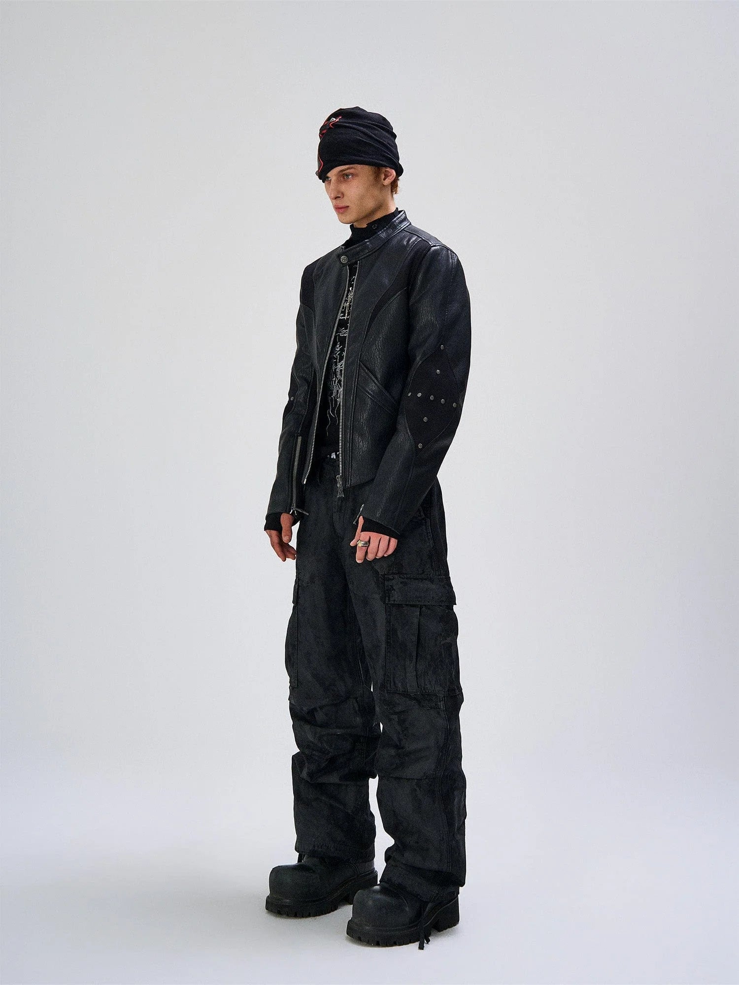 FLYERRER Structured Panel Faux Leather Biker Jacket