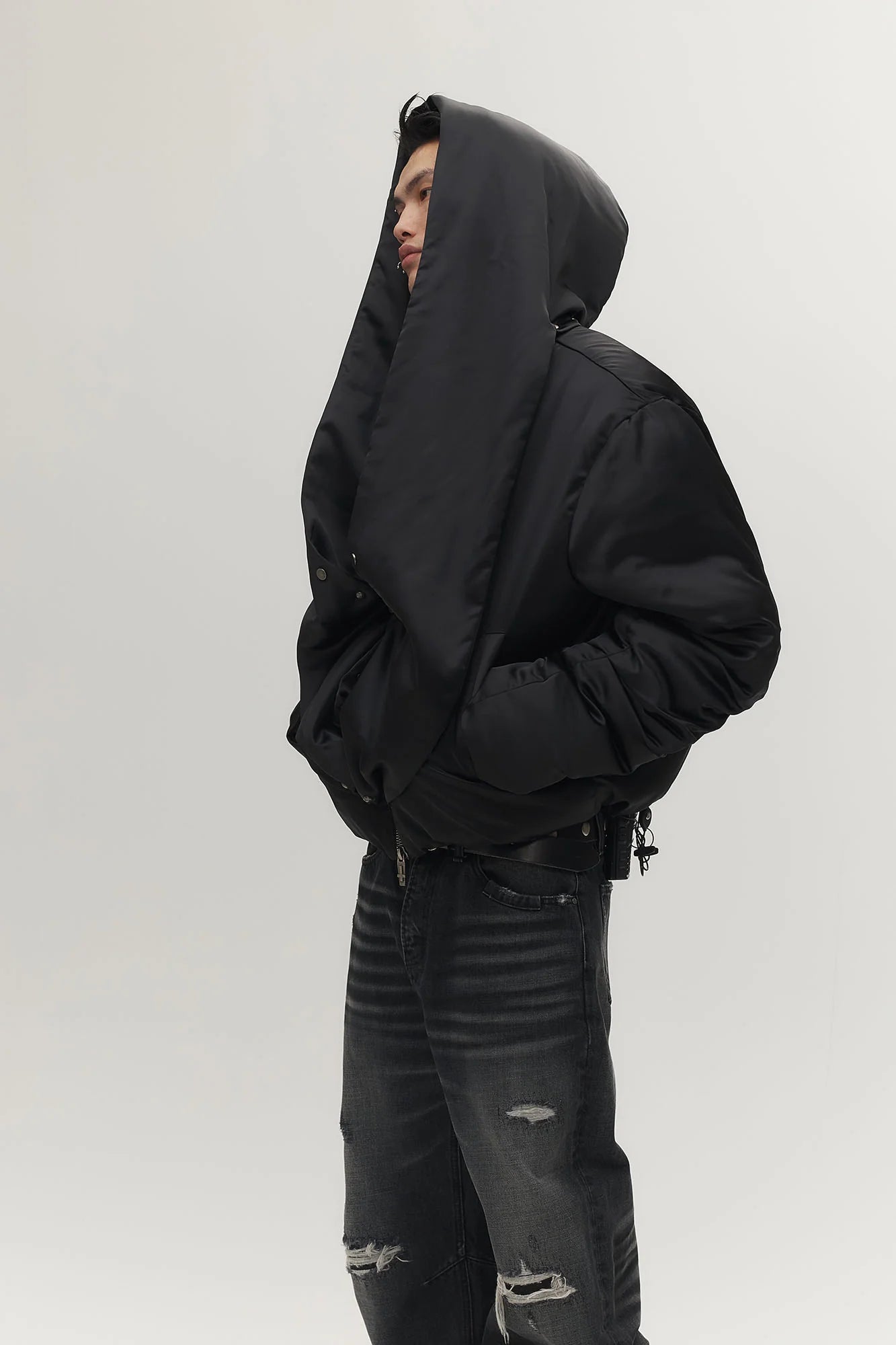 SAVAGEGROWTHWORLD Detachable Hood Satin Oversized Bomber Jacket