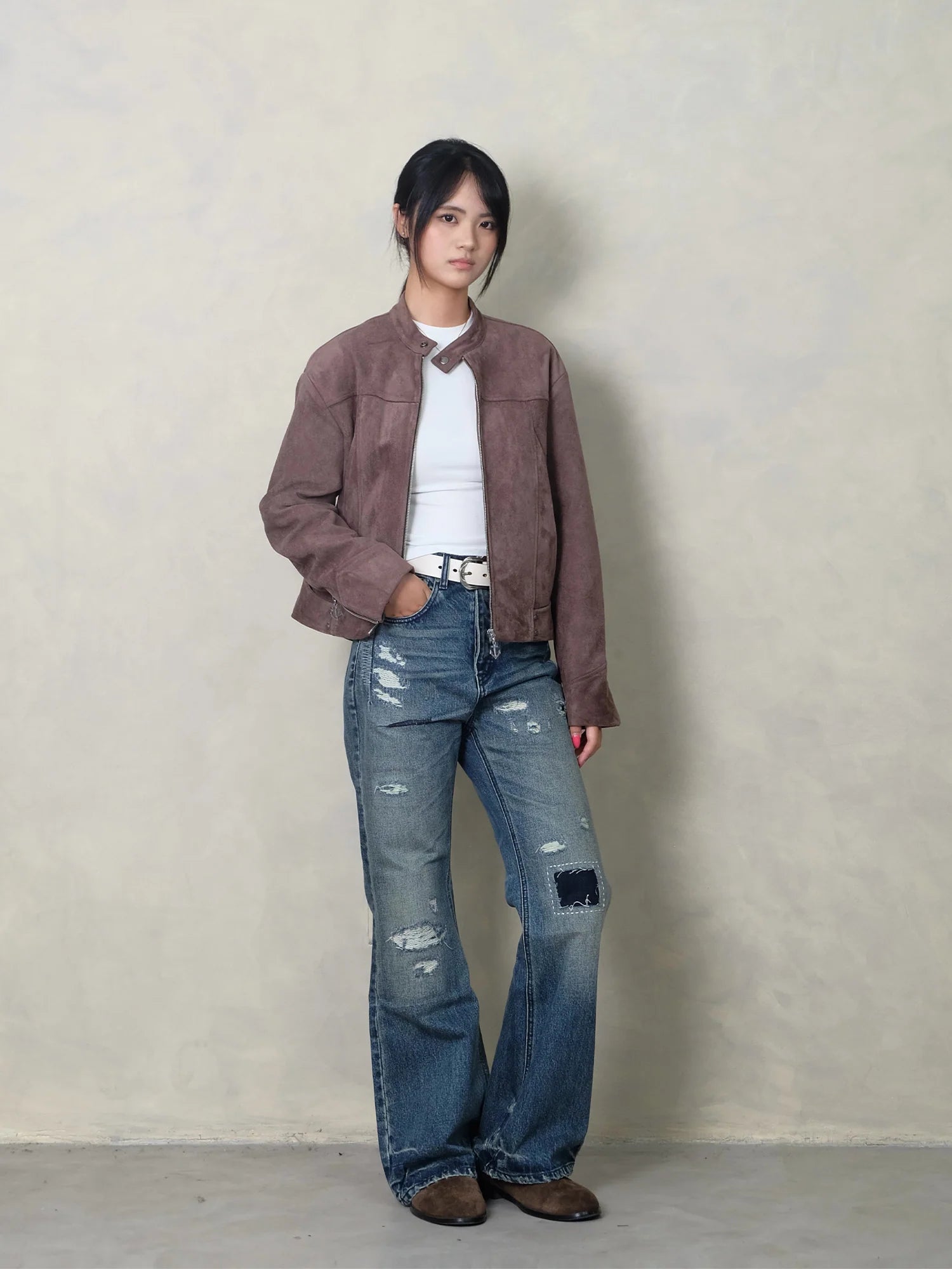 IN EXISTENCE Paneled Faux Suede Rivet Biker Jacket