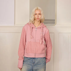 DONSMOKE Spliced Cable-Knit Zip-Up Hoodie