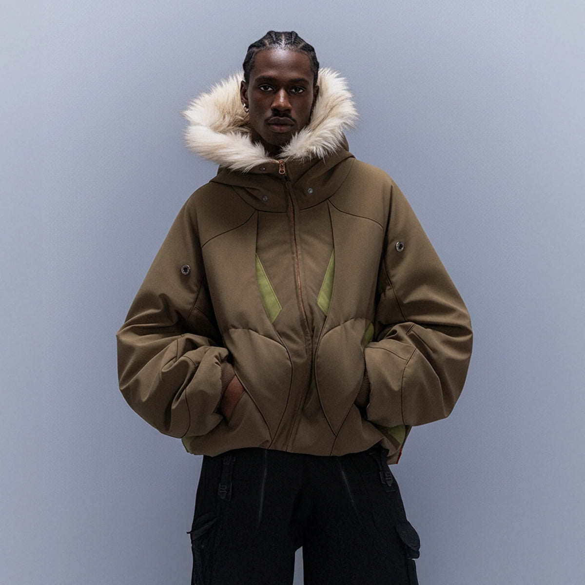 XIPHEVIL Faux Fur Trim Panel Puffer Jacket