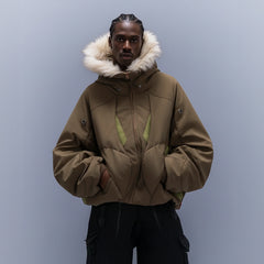 XIPHEVIL Faux Fur Trim Panel Puffer Jacket