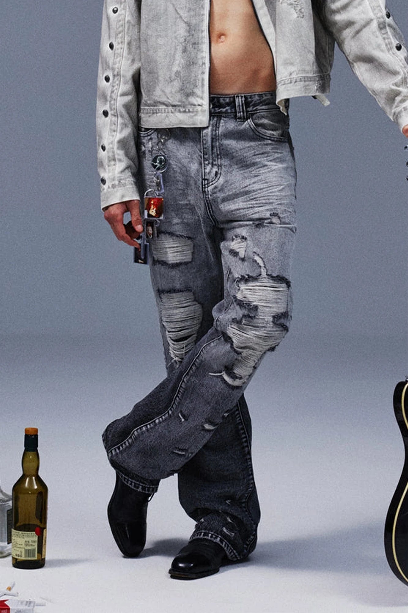 TECNINEGROUP Distressed Ash-Washed Flared Jeans