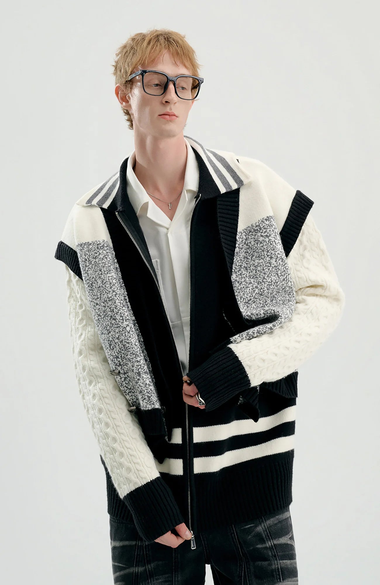 TIWILLTANG Asym Wrap Stripe-Collar Pullover