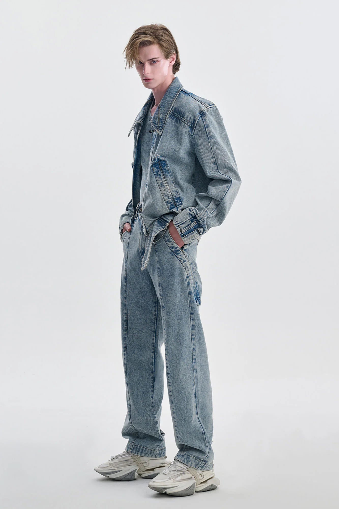 TIWILLTANG Washed Middle Panel Straight-Leg Jeans