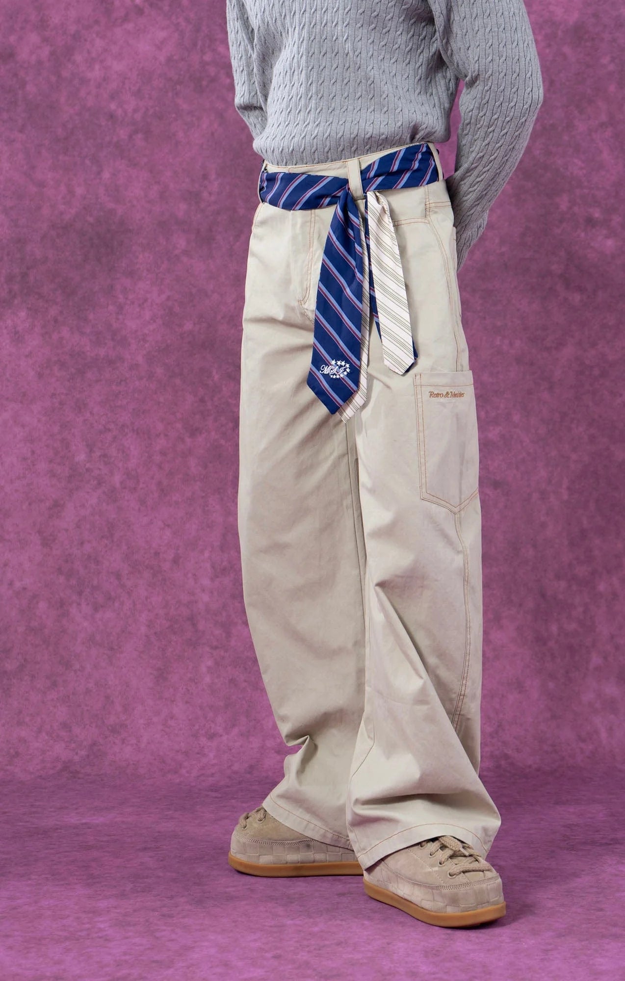 CLP Tie-Belt Multi-Pockets Stitched Pants