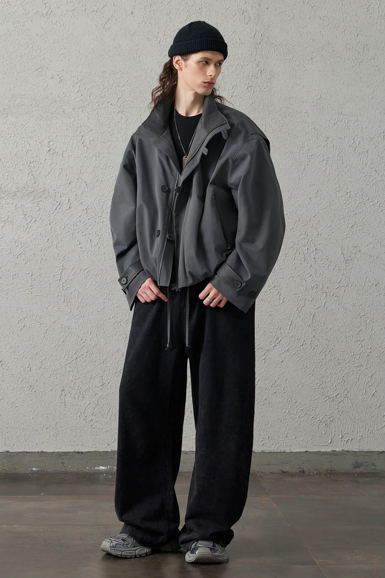 ORGANIC EMOTION Stand Collar PU Drawstring Jacket