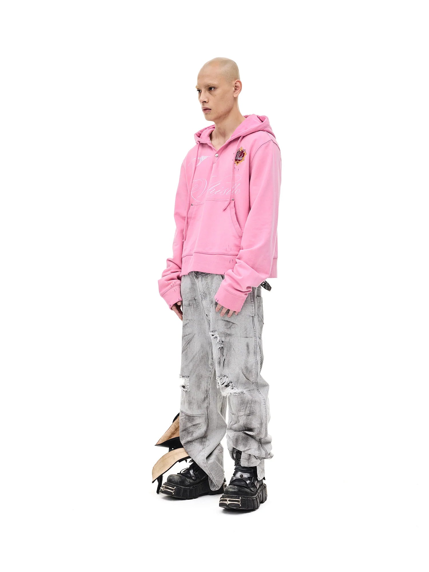WHISTLEHUNTER Distressed Embroidered V-Neck Hoodie