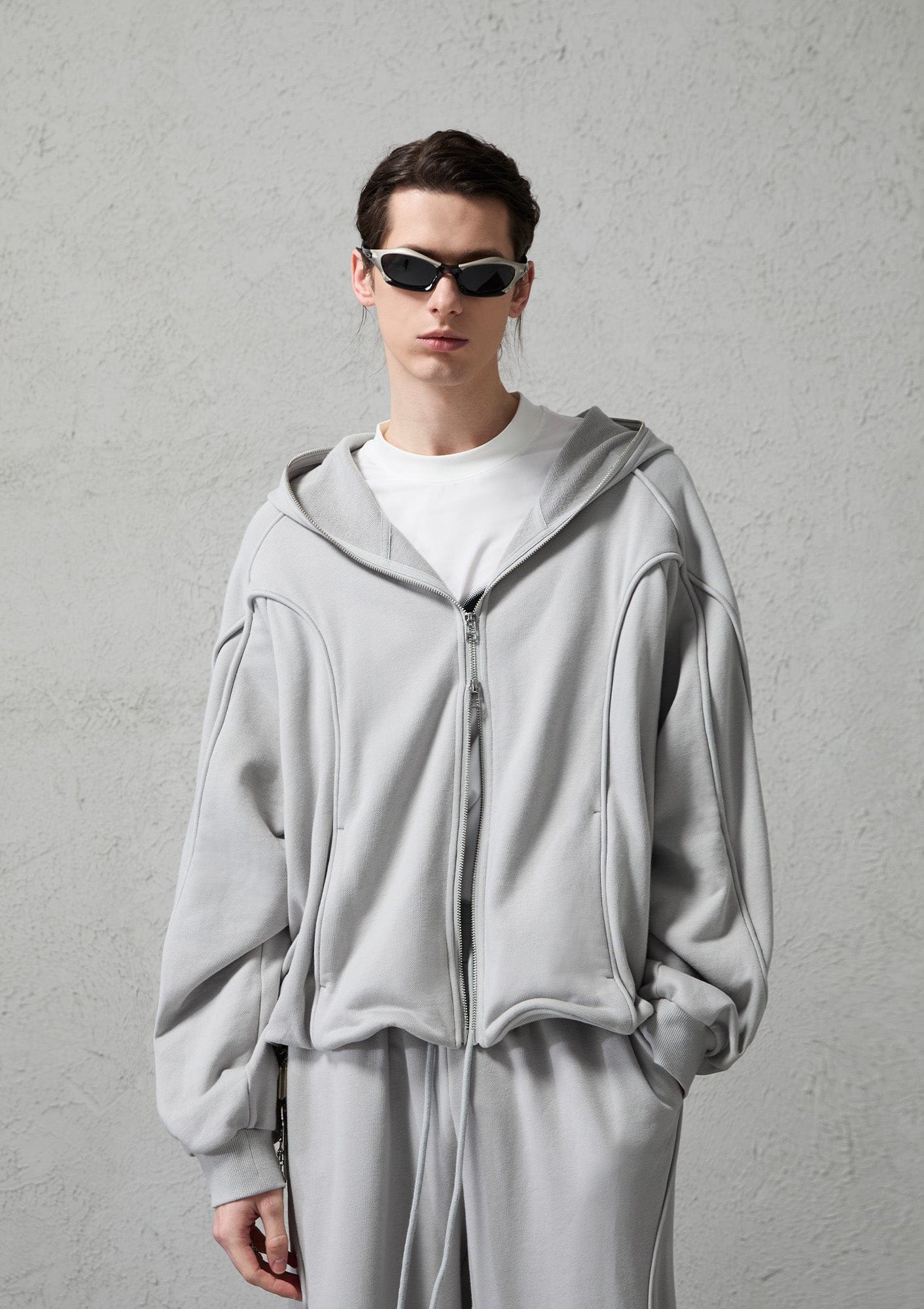 ORGANIC EMOTION Curved Panel Drawstring-Hem Zip-Up Hoodie