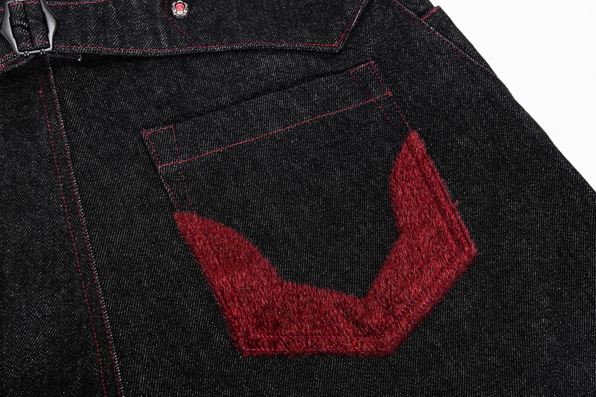 ESAIAS Vermilion Stitch Red Turquoise Curved Denim Pants