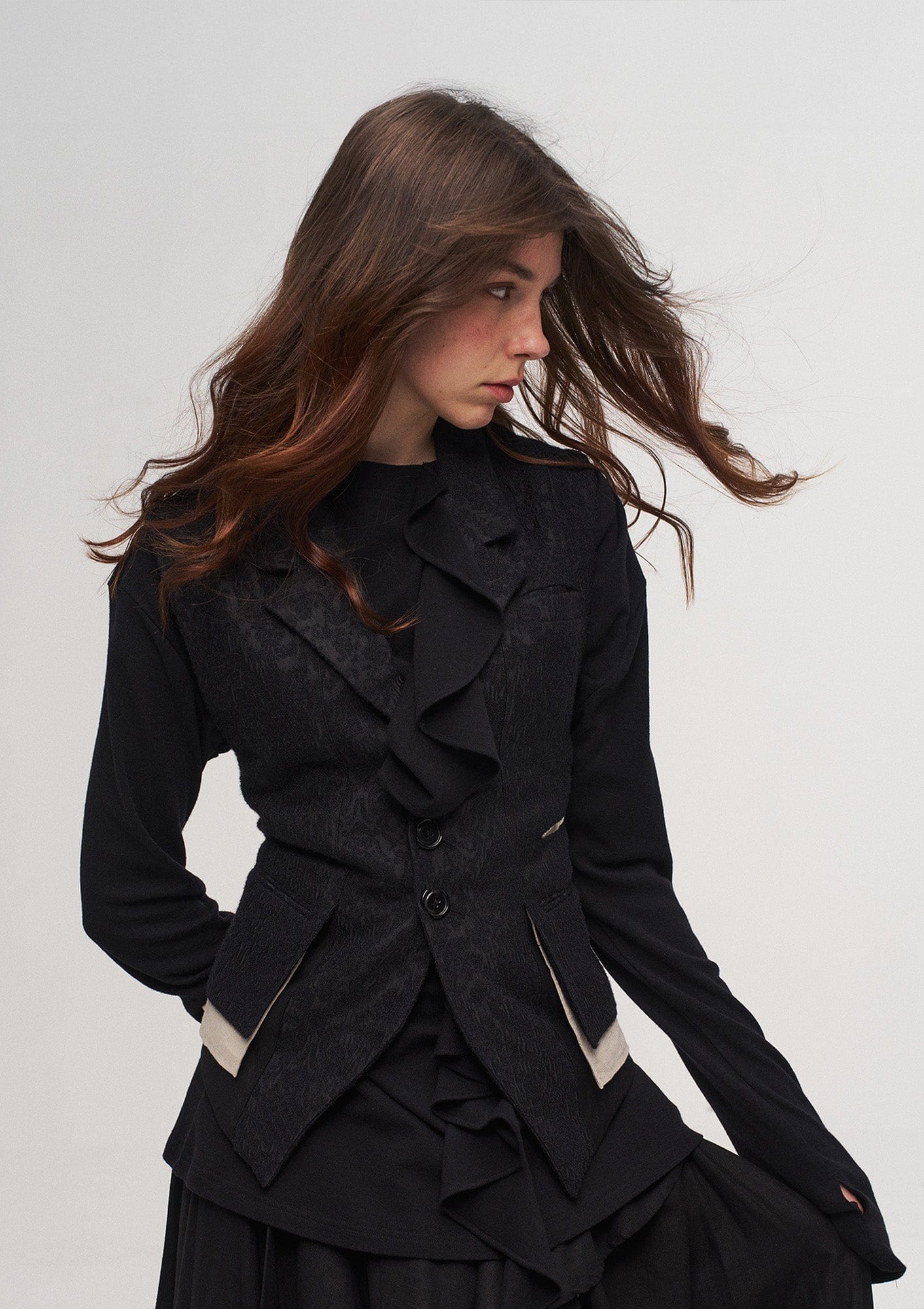 ILNya Nieternite Nifutur Ruffled Mock Neck Thumb Holes Wrinkled Base Layer