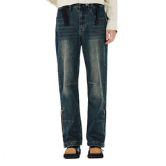 OVERLAPS Washed Knee-Seam Zippered Hem Jeans