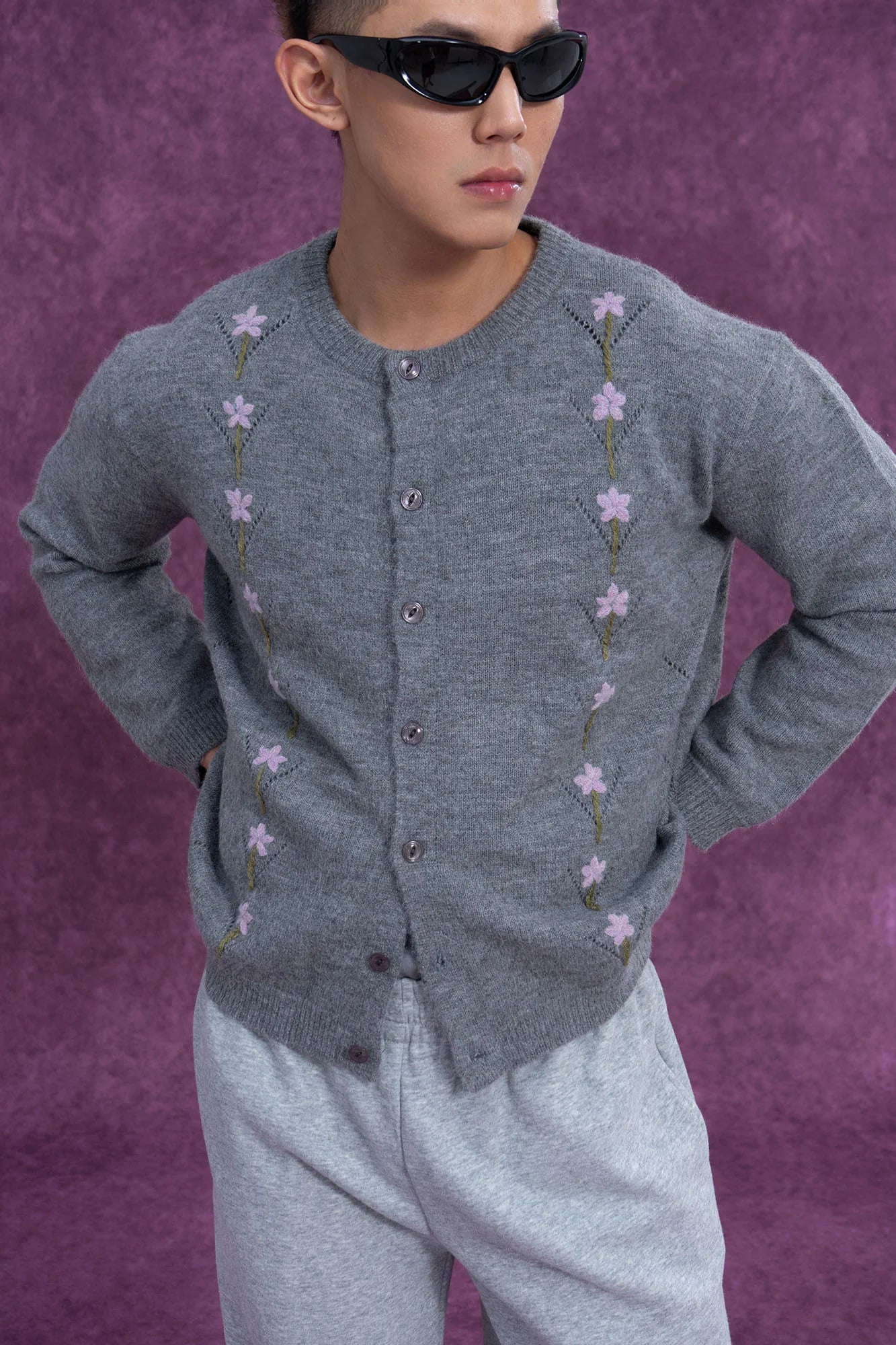 CLP Embroidered Floral Line Wool-Blend Cardigan