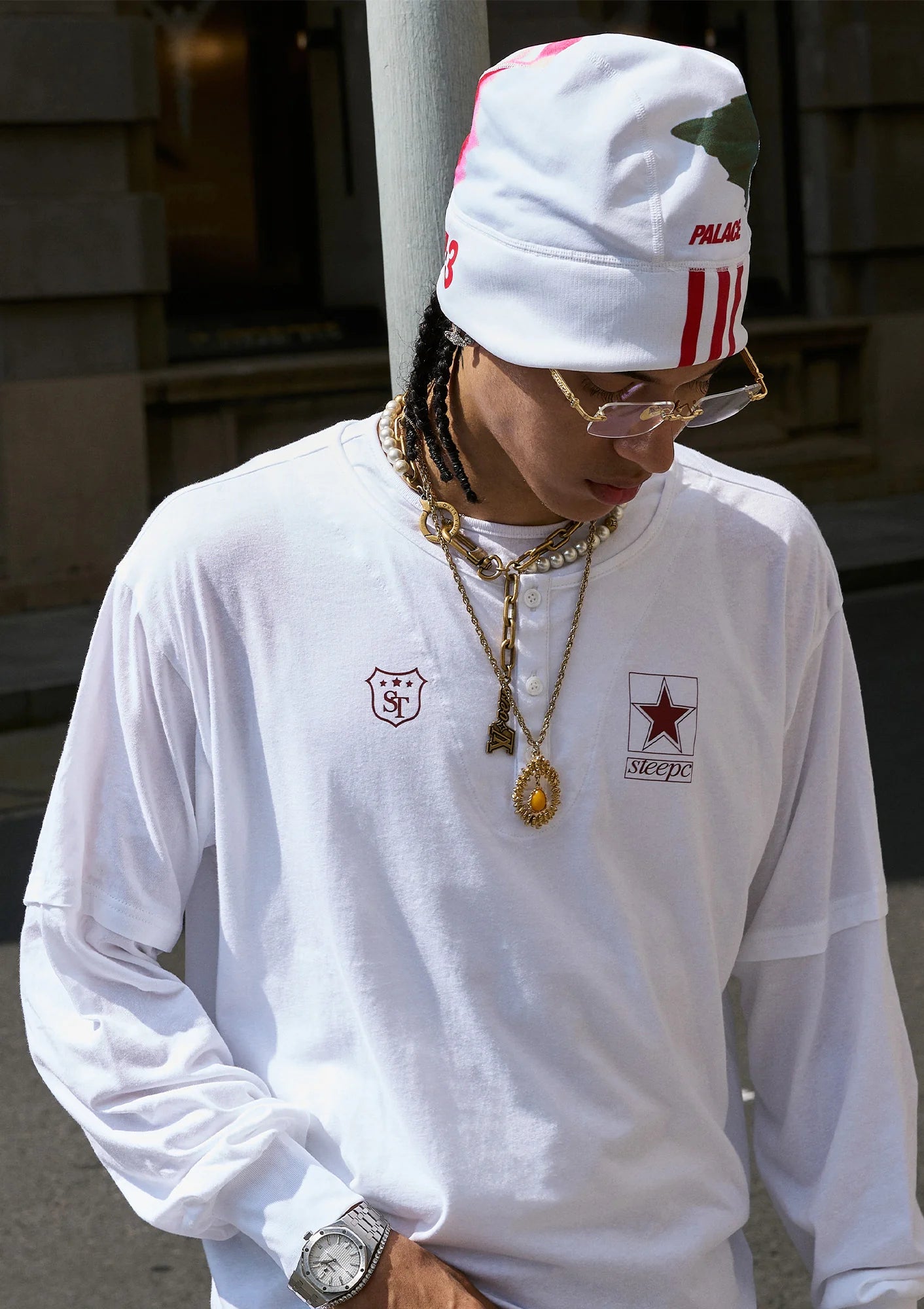 STEEPC Layered Henley Pearl-Star Long-Sleeve Tee