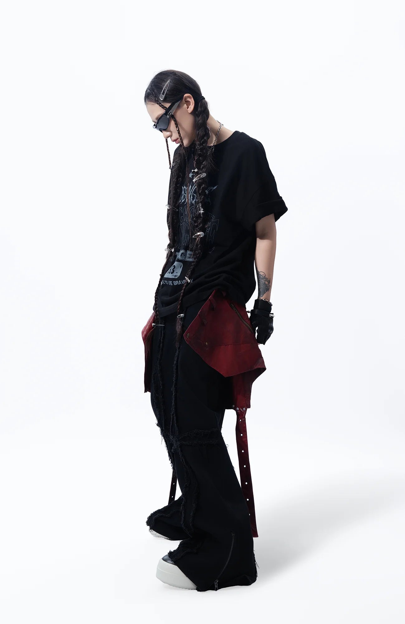 MOGONGSHE Detachable PU Drape  Frayed Cross Jeans