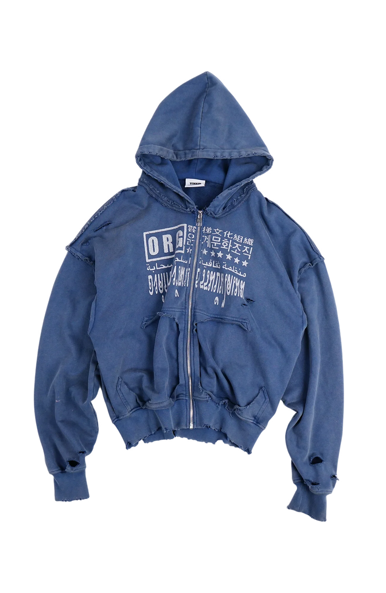 VINKID Distressed Graphic Zip-Up Hoodie