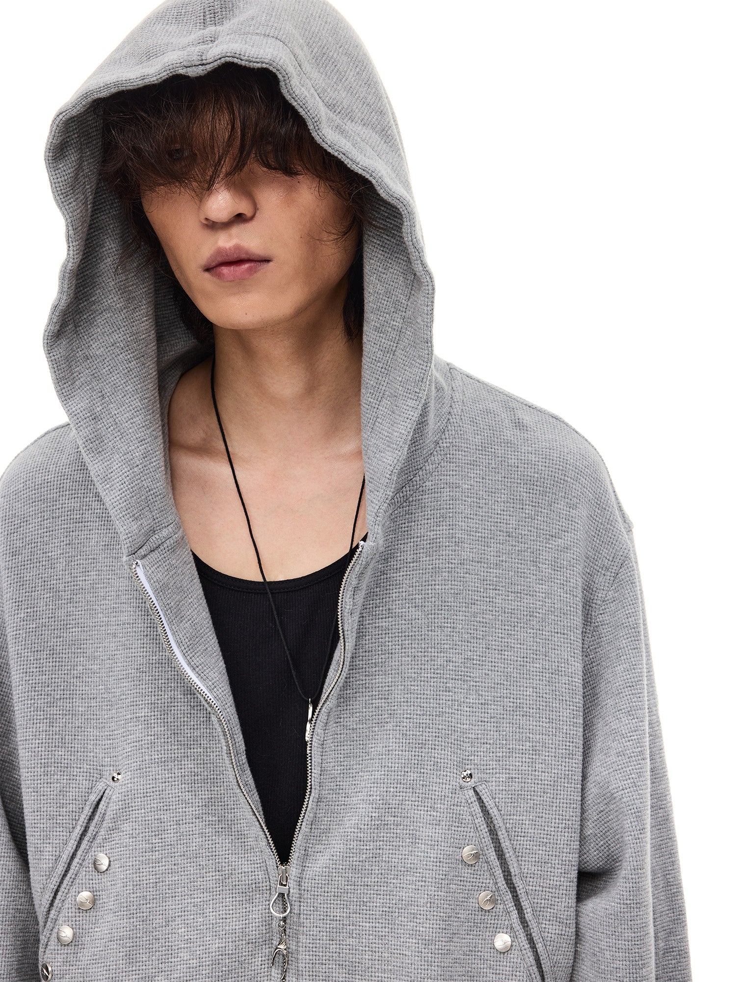 WHISTLEHUNTER Washed Waffle Studded Zip-Up Hoodie
