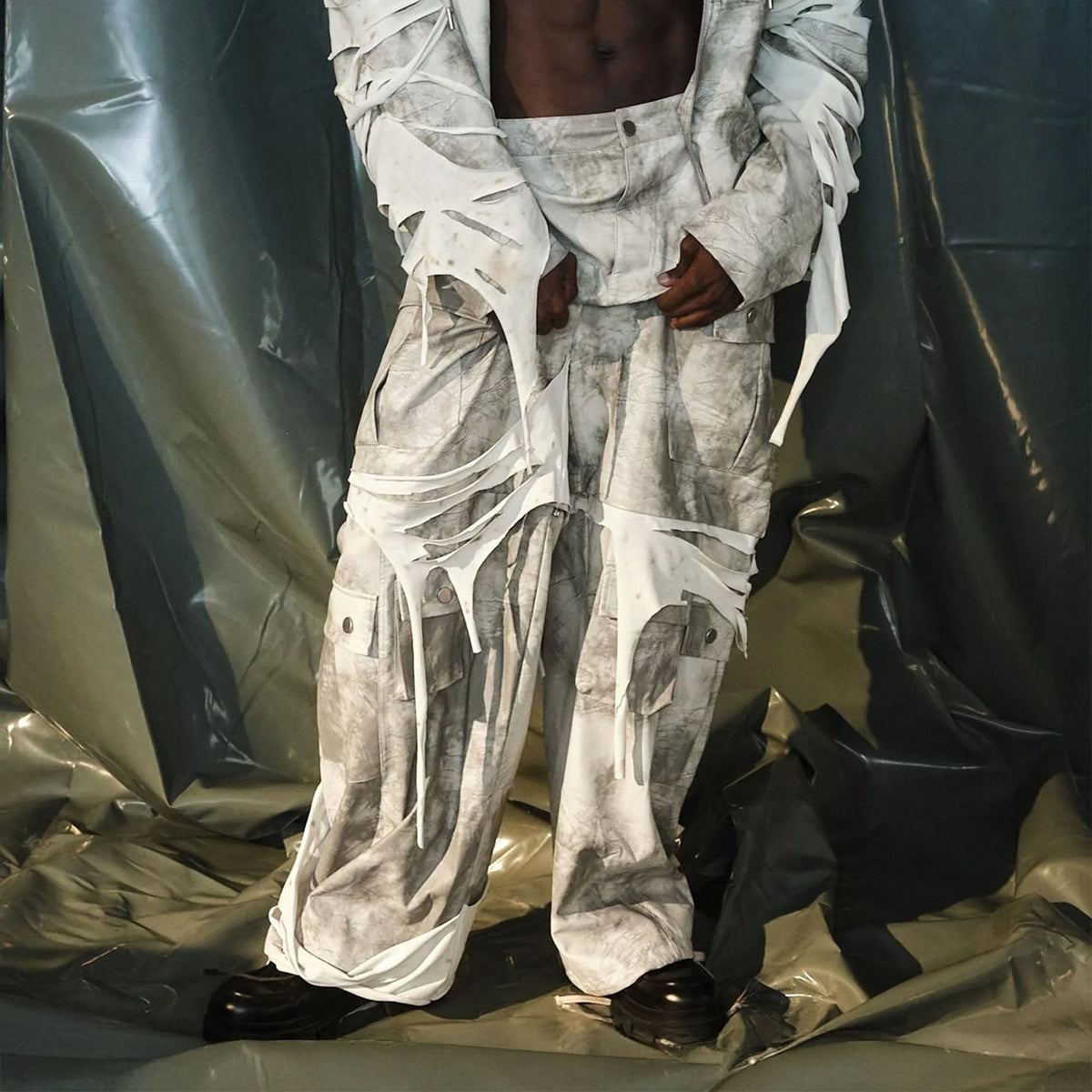 RECOVER ZONE Distressed Slashed PU Layered Cargo Pants