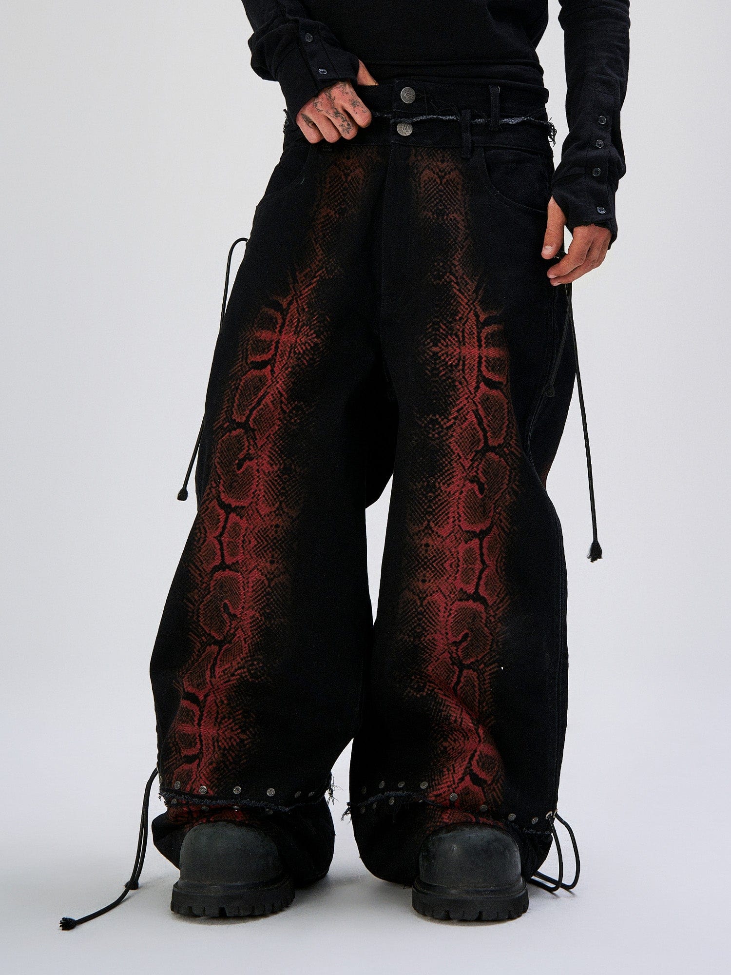 FLYERRER Washed Contrast Snakeskin Drawcord Wide-Leg Jeans