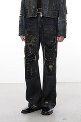 FACEONLAB Distressed Heavy Ripped Flared Jeans