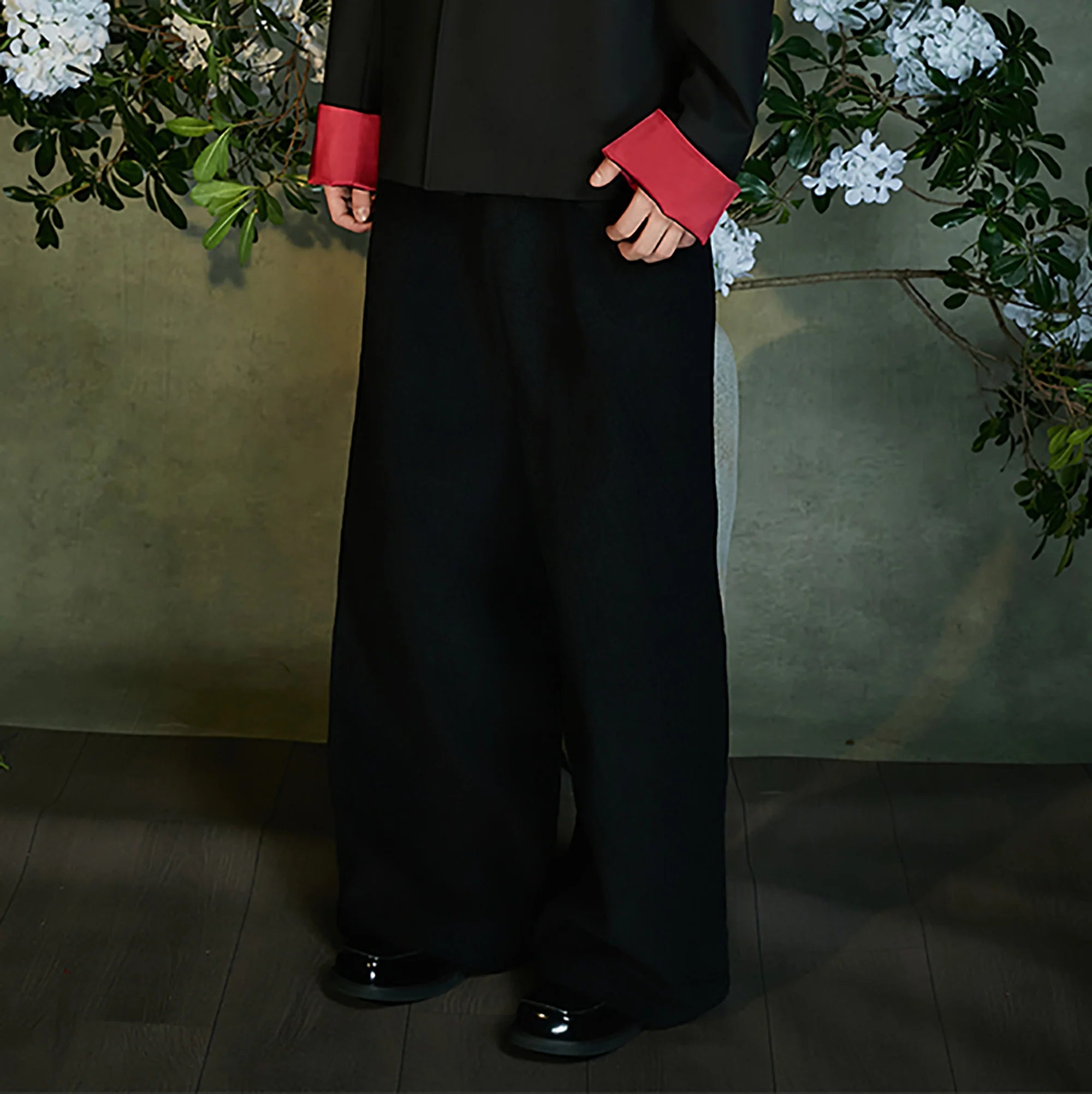 JIECHI Woven Belted Pleated Wide-Leg Suit Pants