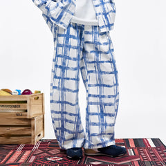 OVERLAPS Brush-Paint Grid Wide-Leg Pants