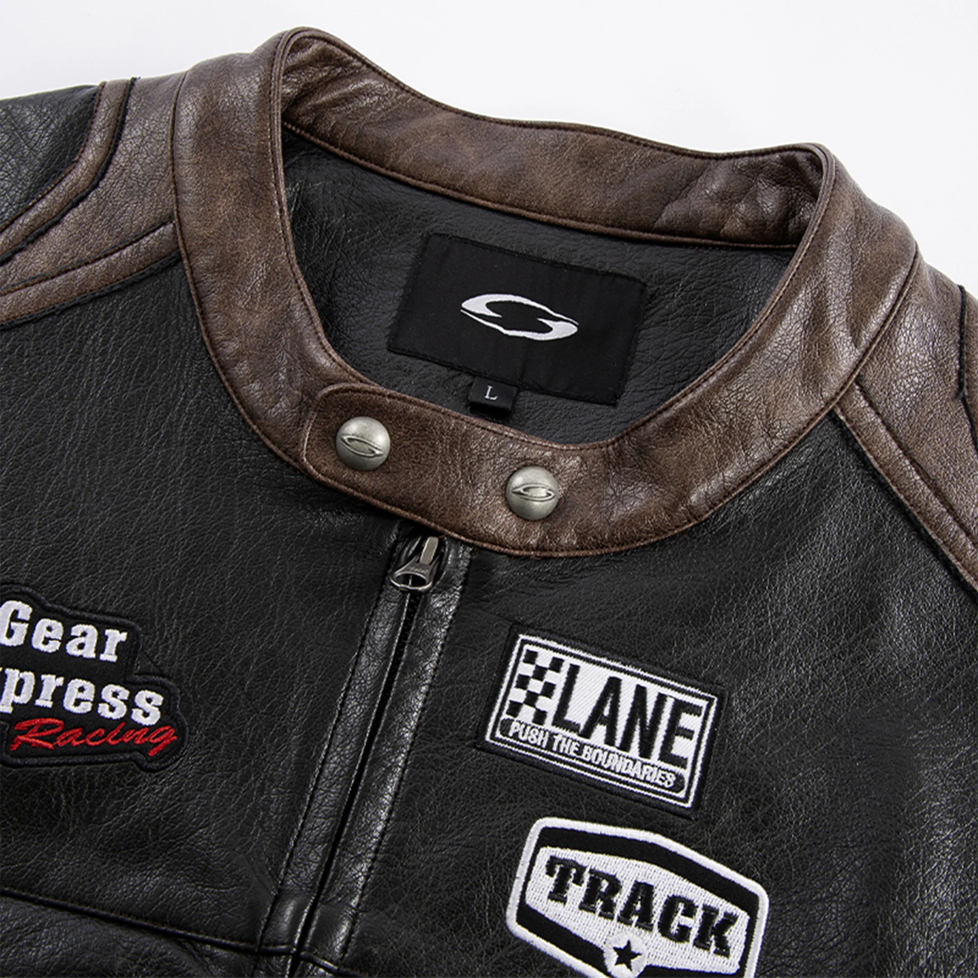 F2CE Retro Embroidered Patch PU Moto Jacket