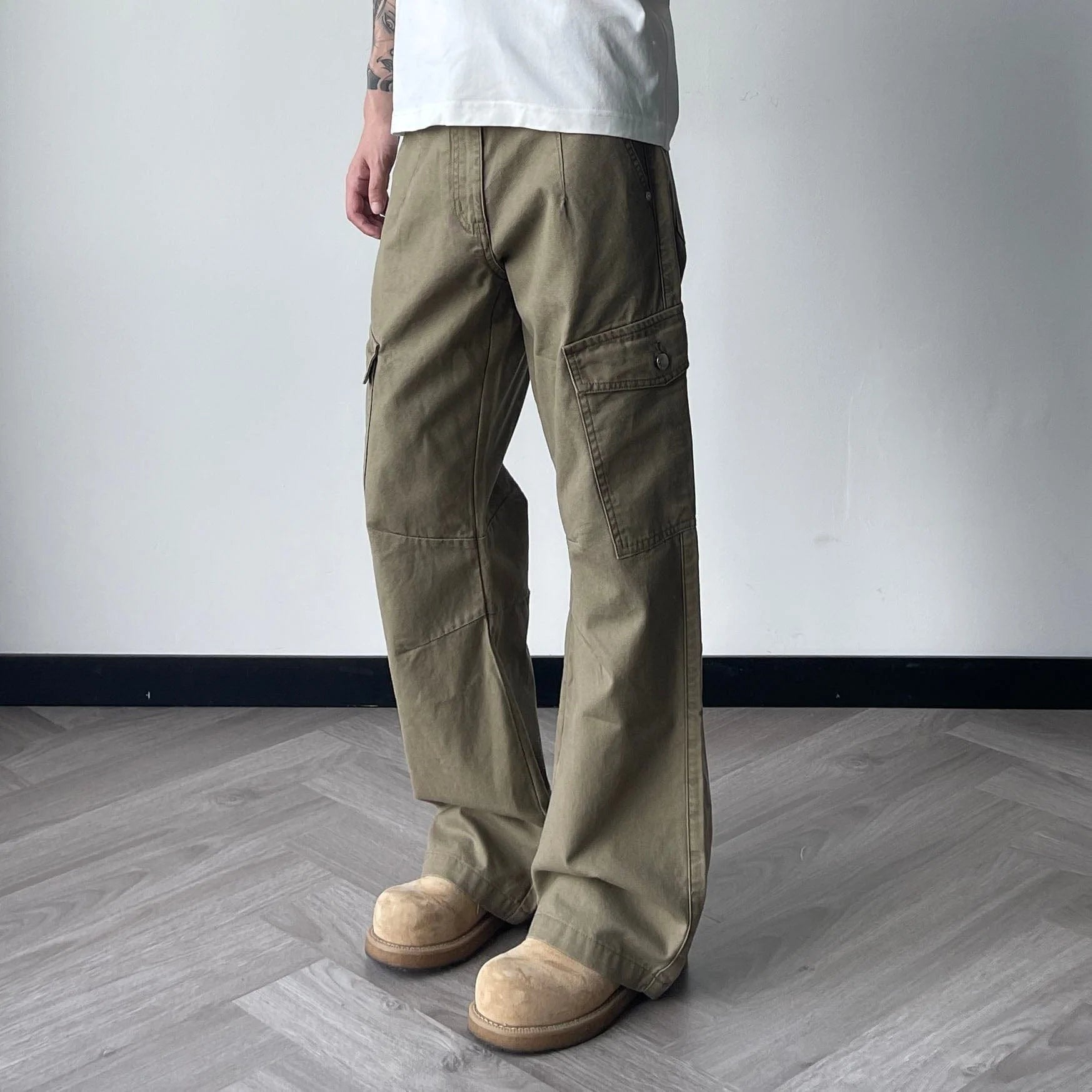 OKAYTHXBYE Washed Button Flap-Pocket Cargo Pants