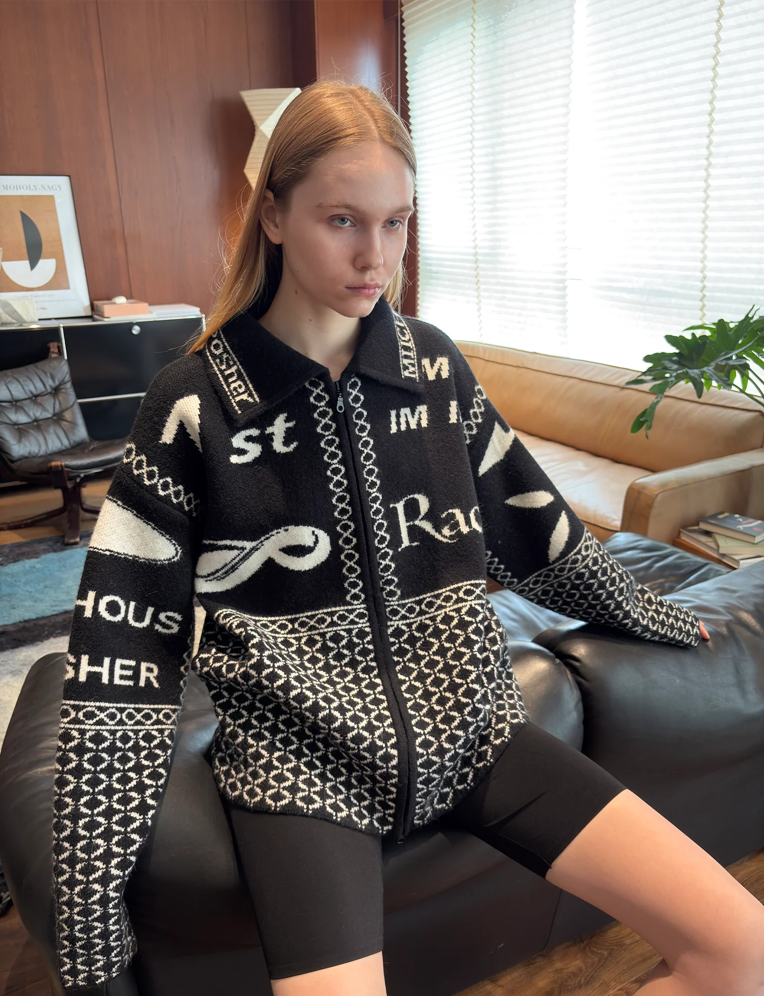 MIICHOUS Racer Geometric Jacquard Zip-Up Cardigan