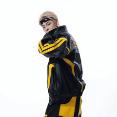 MOGONGSHE Contrast Stripe PU Moto Jacket
