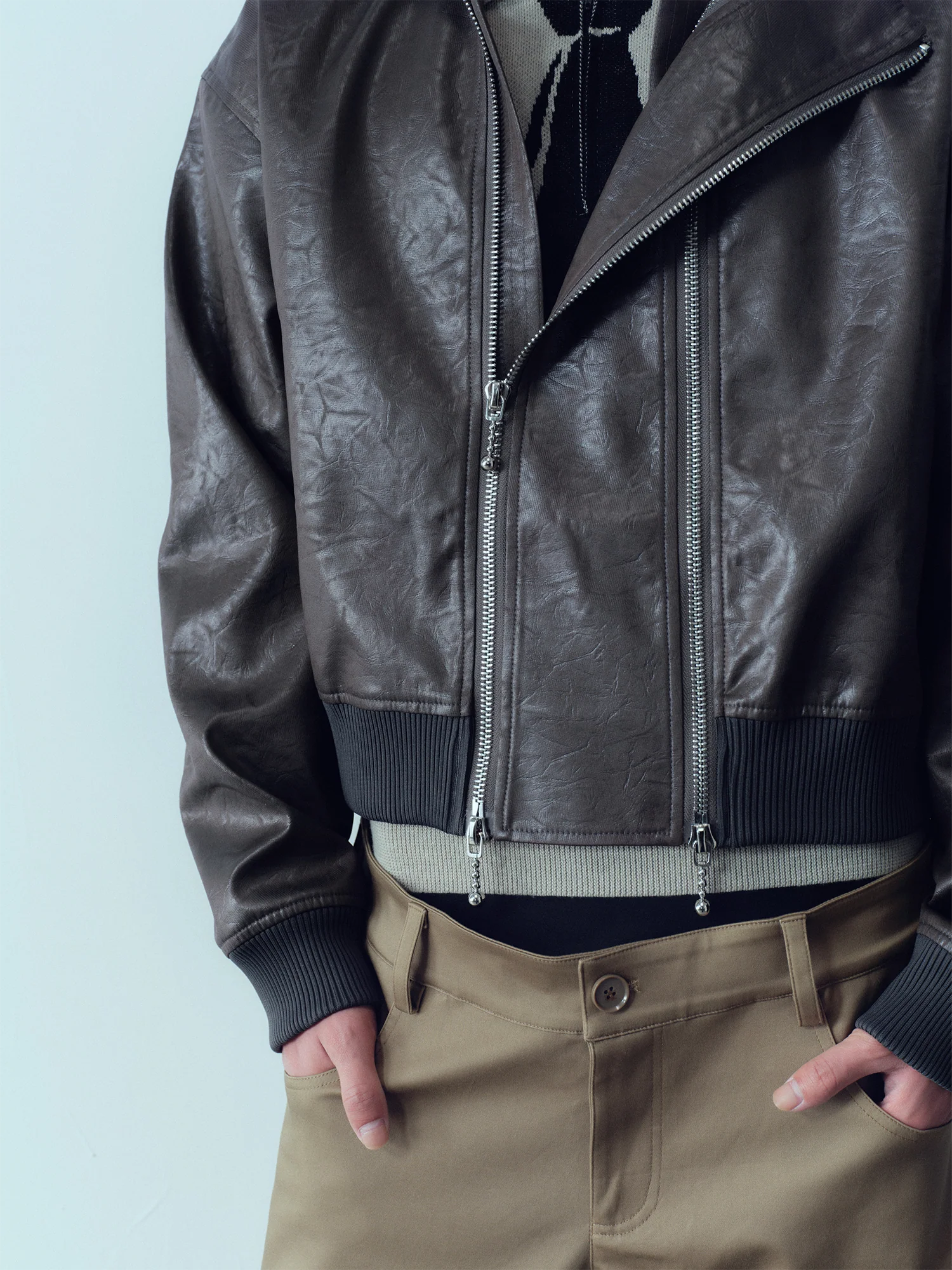 KADAKADA Faux Leather Dual-Zipper Hooded Jacket