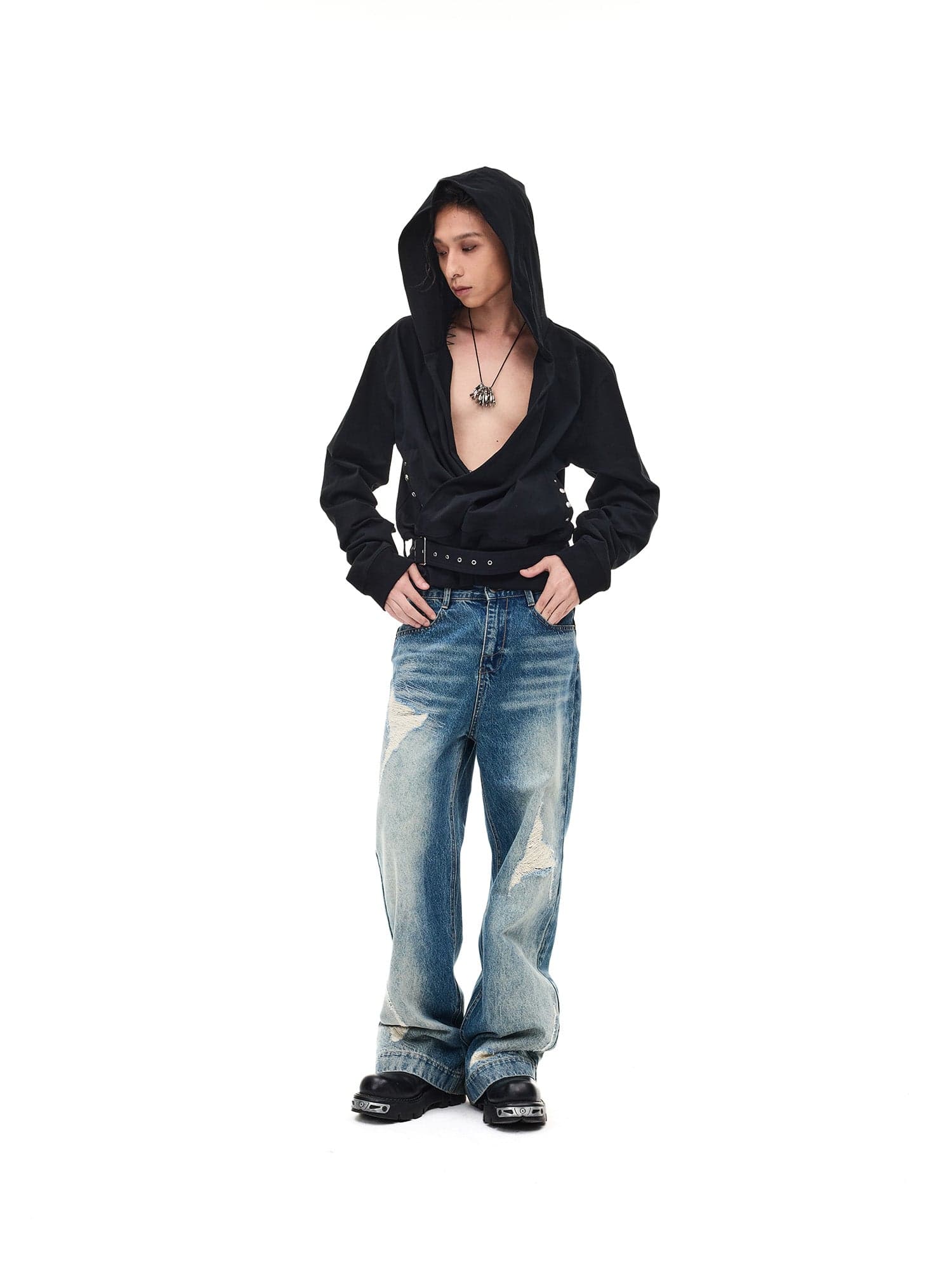 WHISTLEHUNTER Detachable-Belt Deep V-Cut Hardware Hoodie
