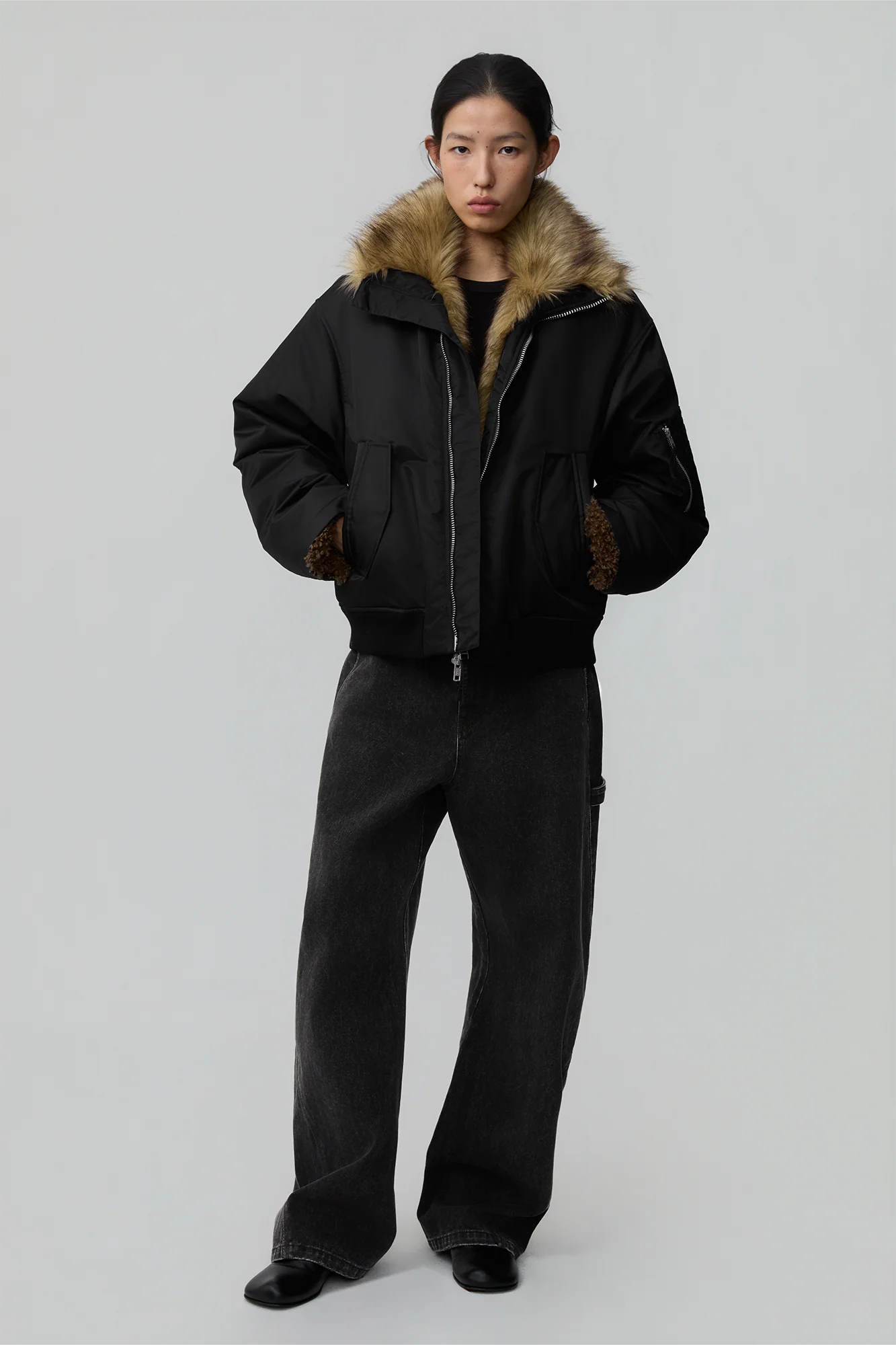OPICLOTH Faux Fur-Lined Spliced Bomber Jacket